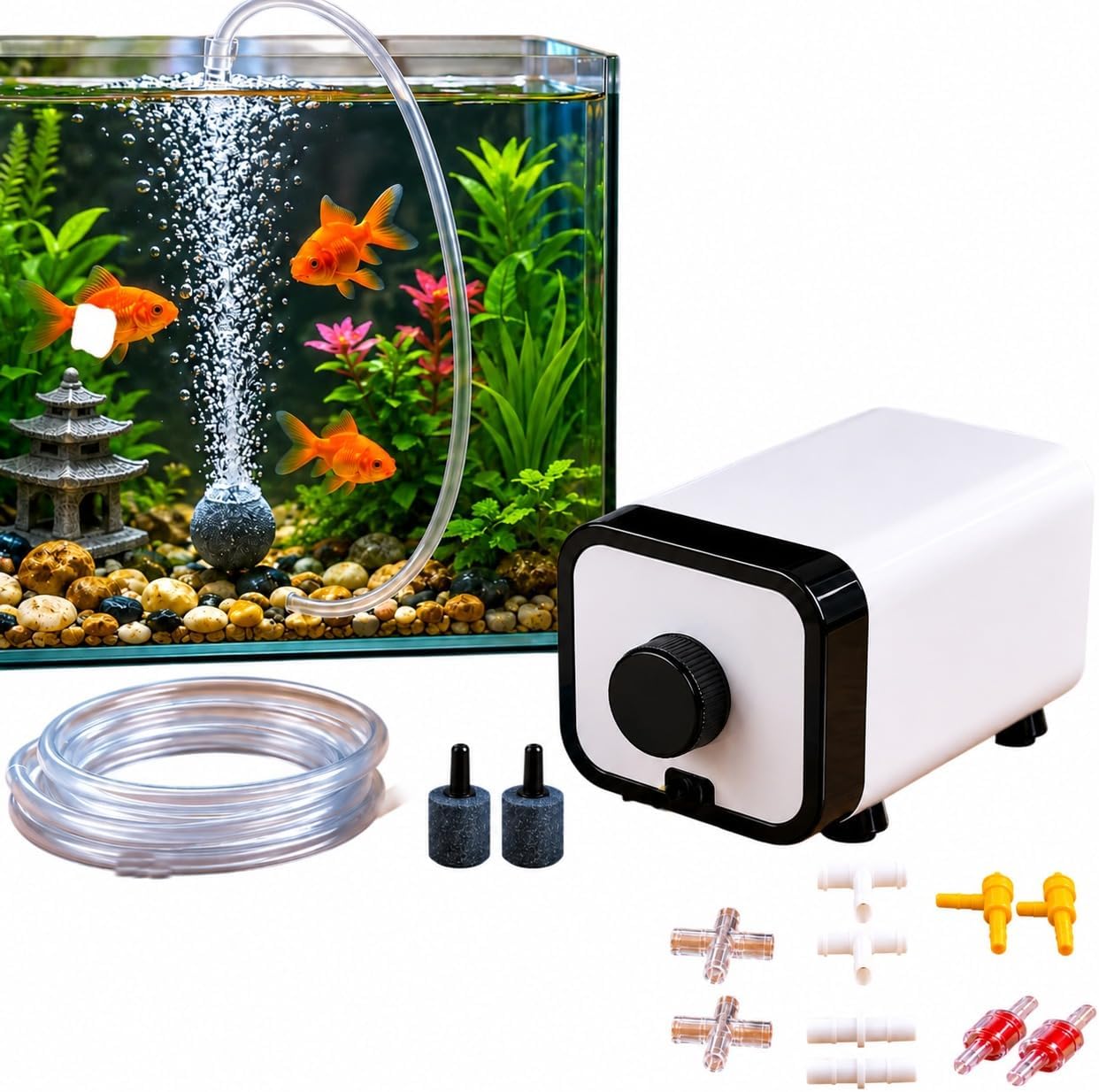 Despacito Air Pump for Aquarium 2 Way Fish Tank Filter with Oxygen Water Fish Filter Motor for Aquarium Noise Less Pump Up to 300 Litre with 2M Tube,1 Controller & 2 Air Stone