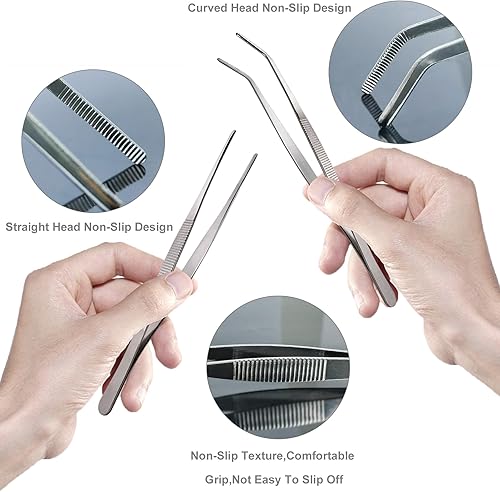 Miniatura 6 de 4 pinzas largas, pinzas rectas y curvadas de acero inoxidable de mango largo, juego de pinzas de precisión con puntas dentadas, herramientas de