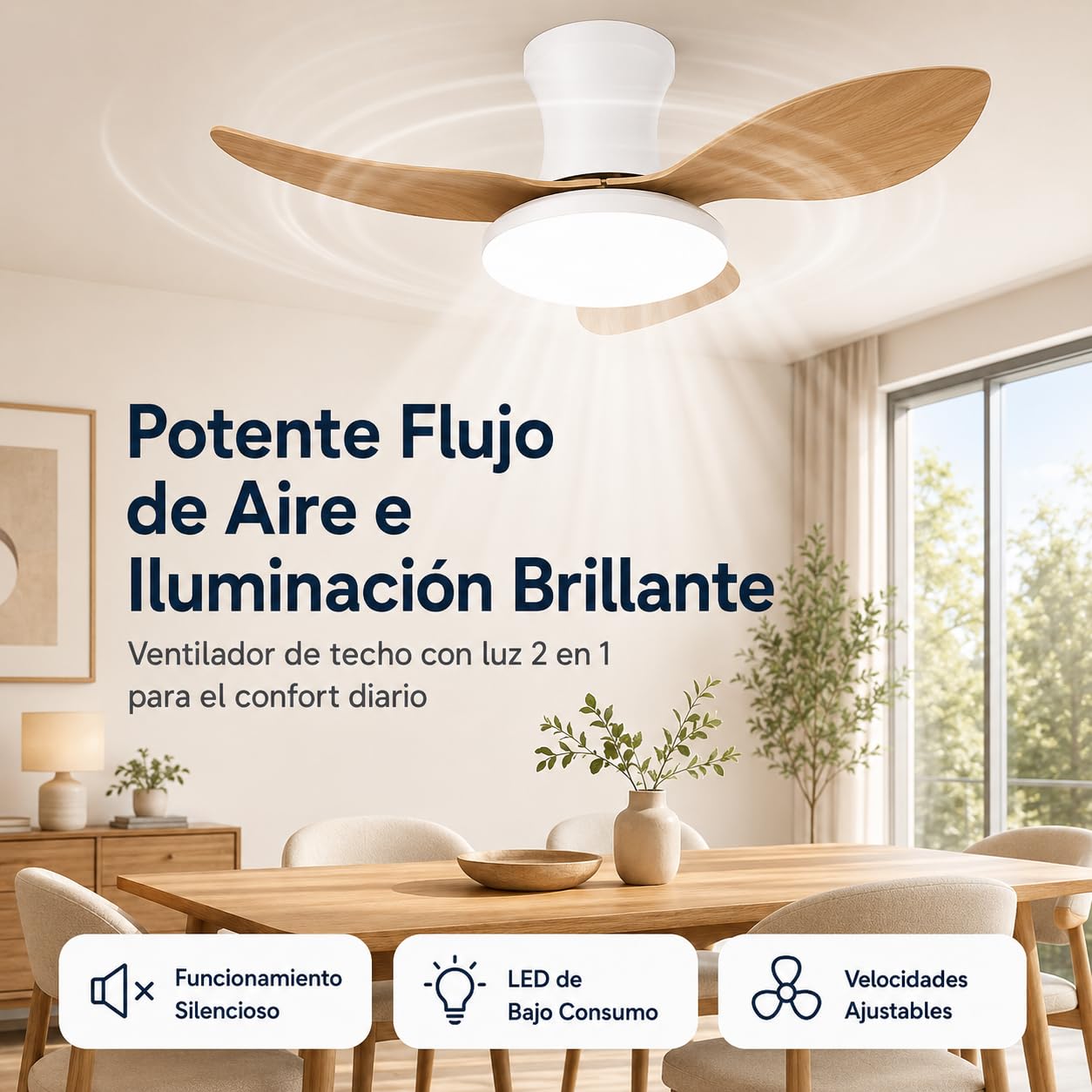 Genérico Ventilador de Techo Inteligente 63cm Madera con Luz Regulable, App/Mando, 3 Aspas Reversibles, Motor Silencioso Empotrado para Dormitorio, Bajo Consumo 220V (Blanco)