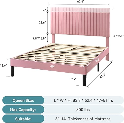 Miniatura 58 de HOOMIC Base de cama de plataforma de tamaño matrimonial, cama tapizada de terciopelo moderno con cabecera capitoné de canal vertical ajustable,
