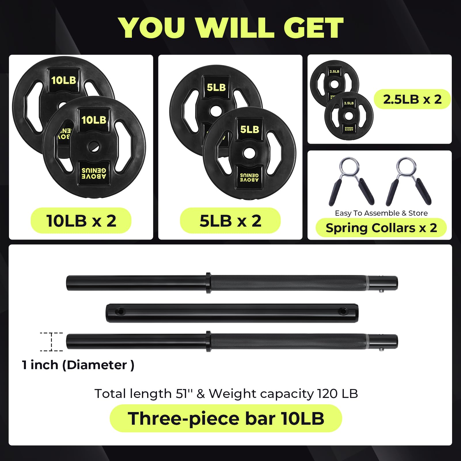AboveGenius Langhantel-Set zum Heben, 20,4 kg Hantelstangen-Set mit verstellbaren freien Gewichten für Workout-Stange für Übungen, Muskelaufbau im Fitnessstudio zu Hause
