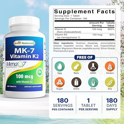 Miniatura 2 de Best Naturals Vitamina K2 (MK7) con suplemento D3 salud ósea y cardíaca (5000 UI de vitamina D3 y 100 mcg de vitamina K2 MK7), 180 tabletas