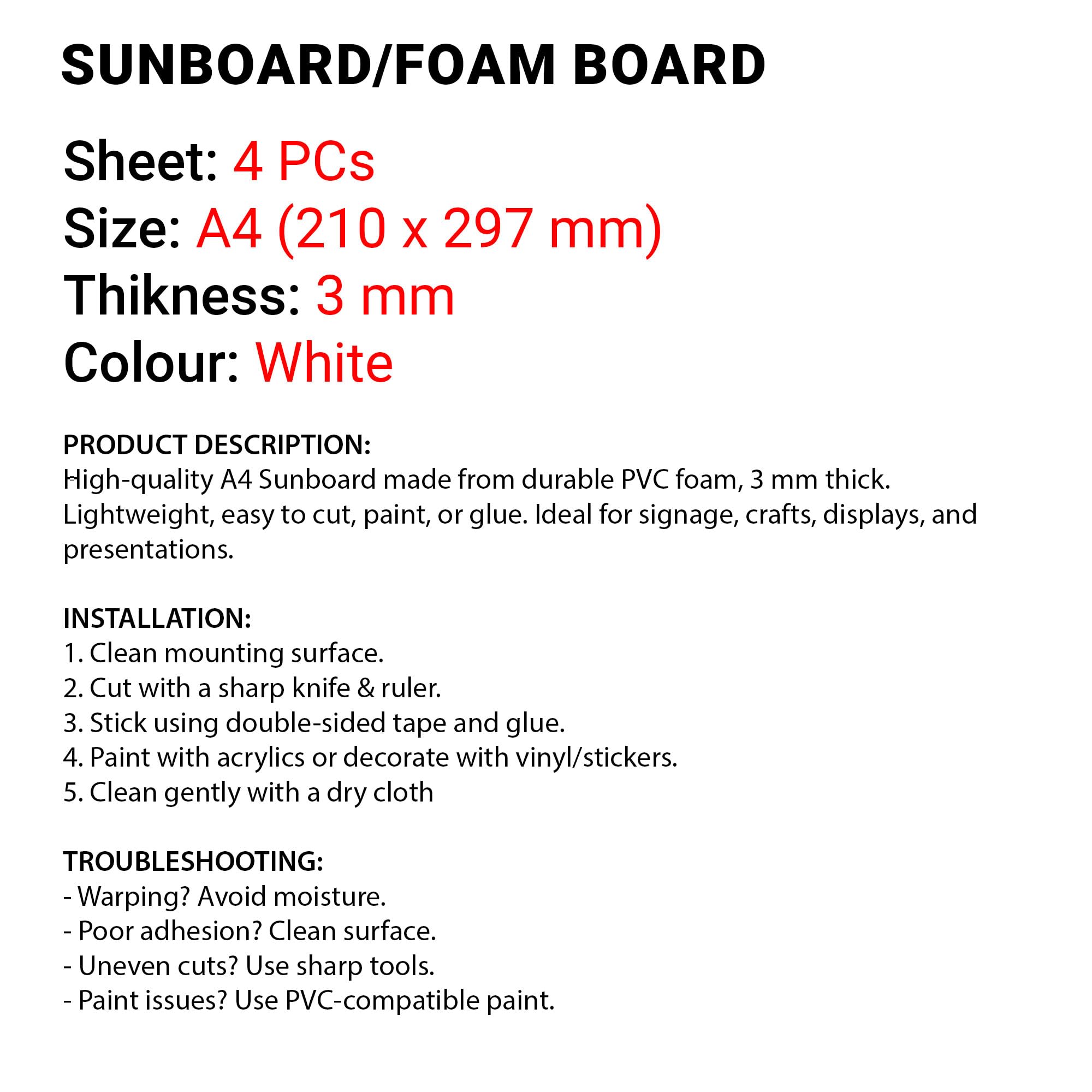 A4 Sunboard Sheet/Foam Board for DIY Projects, Model Making, Signage & School Use - White, 3 mm, 4 Pcs (21 x 29.7 cm) 1