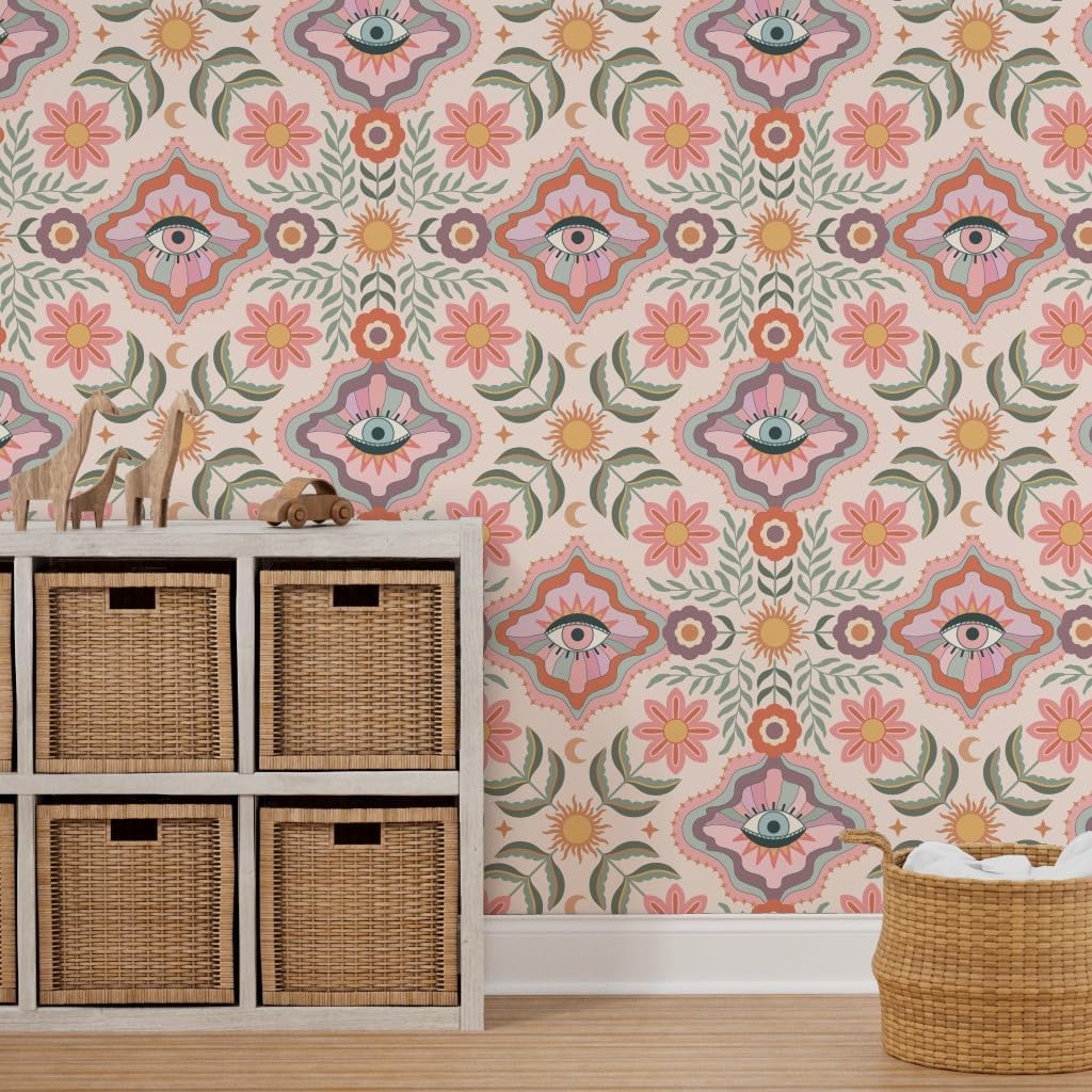 Removable Wallpaper 6ft x 2ft - Boho Floral Retro Eyes Teen Girly Tween Folk Flowers Bohemian Feminine Kids Sun Botanical Custom Pre-Pasted Wallpaper by Spoonflower