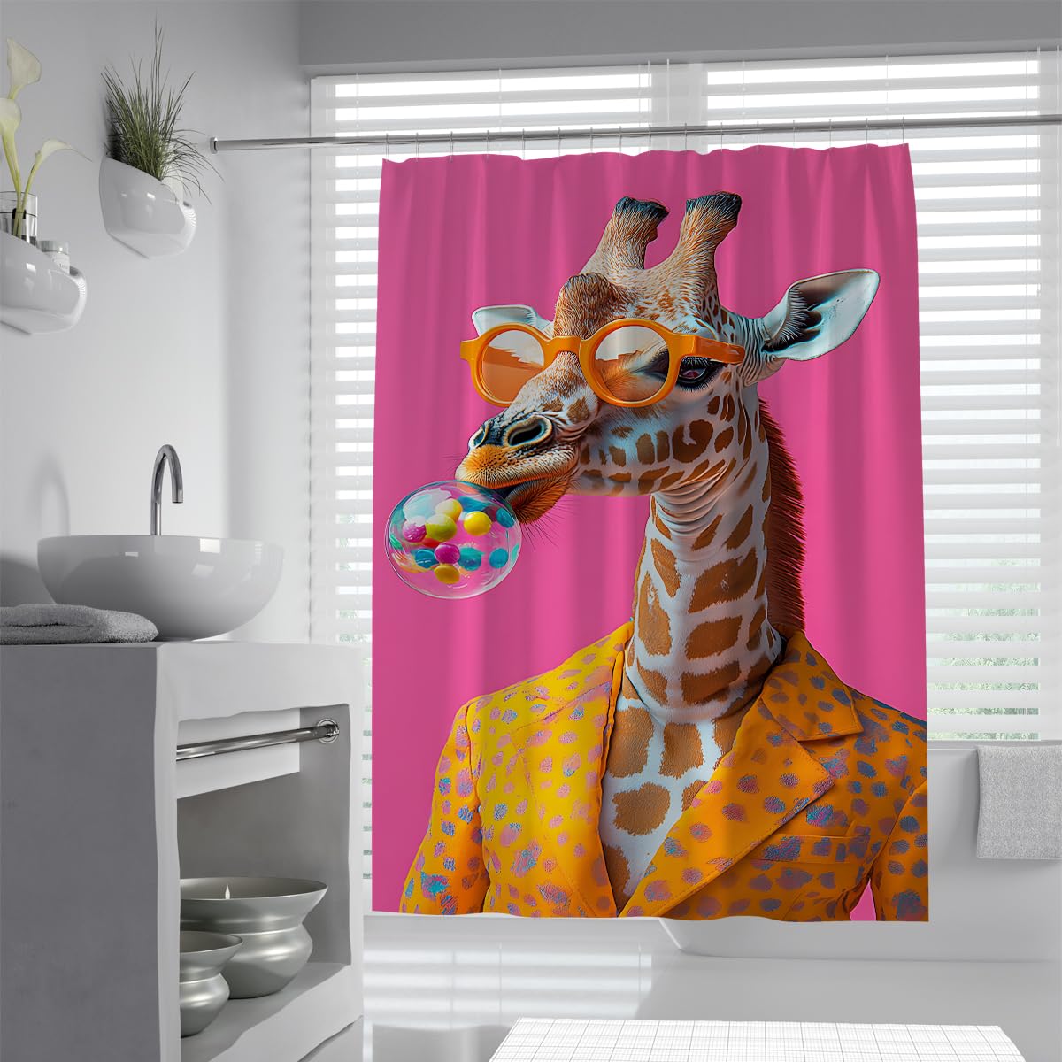 UIRINGART Cool Giraffe Bathroom Screen W150xL200cm Water Repellent Mold Resistant Pink Safari Animal Glasses Suit Fabric Shower Curtain With Hooks Tub Liners Spa Gym
