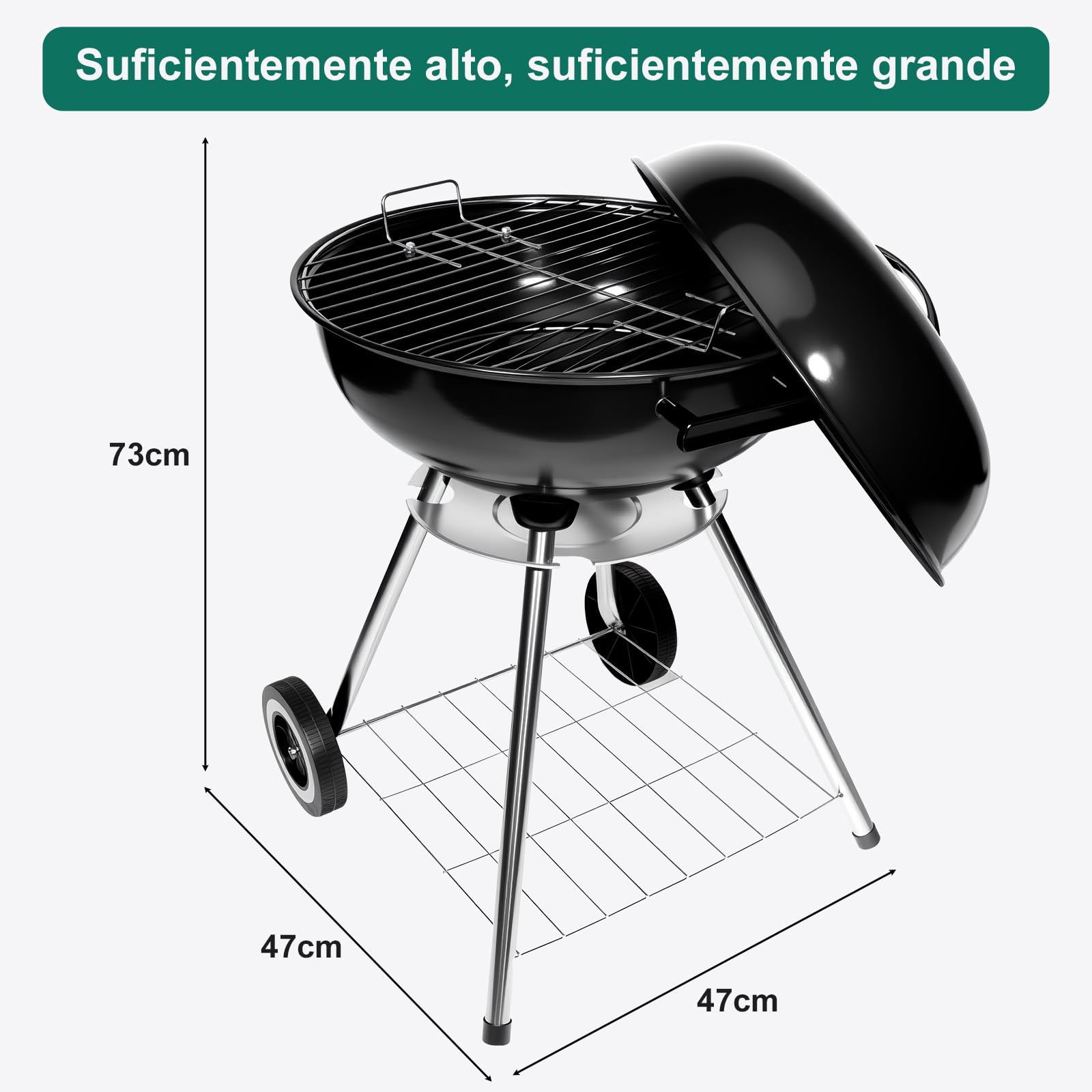 HYCHIKA Barbacoa de Carbón Redonda, Ø47cm 18pulgada Parrilla Compacta con Tapa y Ruedas para Jardín, Balcón y Camping