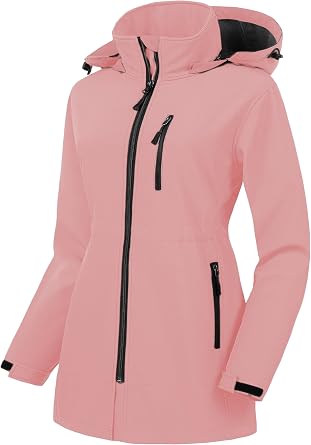 CREATMO US Womens Plus Size Long Softshell Jacket Waterproof Fleece Lined Rain Jacket Lightweight Windbreaker With Hood
