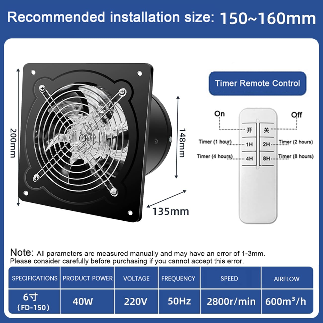 Extracteur d'air Salle De Bain -avec Minuterie, Télécommande Et Clapet Anti-Retour ，Extracteur d'air pour Ventilation Destiné Aux Salles De Bains, Cuisines Et Toilettes.
