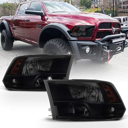 ACANII - For 2009-2018 Dodge Ram 1500 2500 3500 Black Smoke Dual/Quad Beam Headlights Headlamps w/Bulbs Pair Left+Right