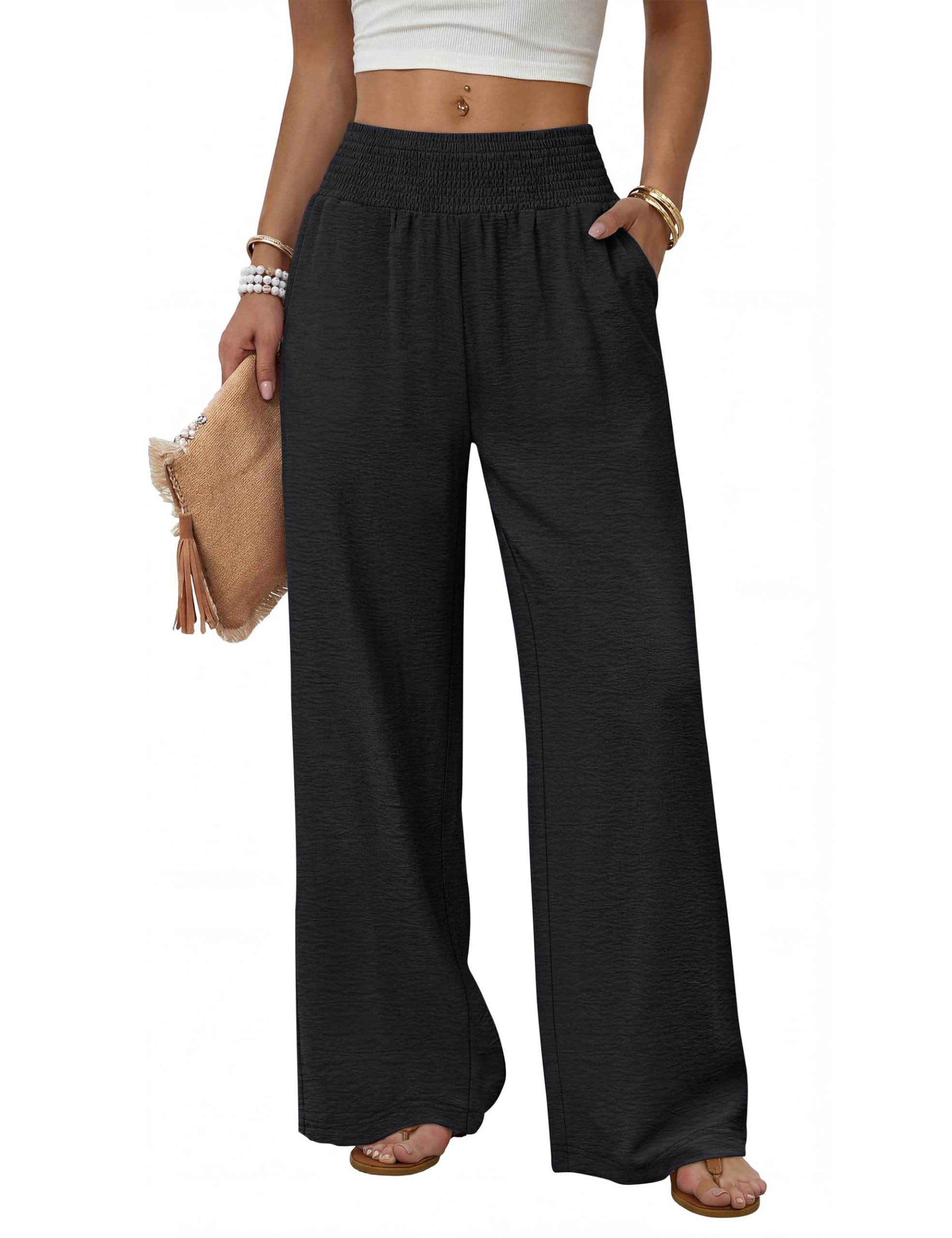 Desol Pantaloni estivi da donna, leggeri, eleganti, a vita alta, con tasche, gamba larga
