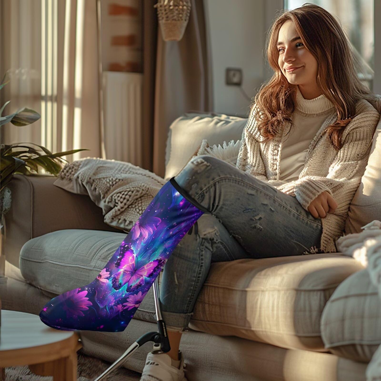 Rnyleeg Purple Butterfly Leg Cast Cover Sock for Women Medium Size Cast Plaster Cover for Foot Washable Leg Plaster Sleeve Below The Knee