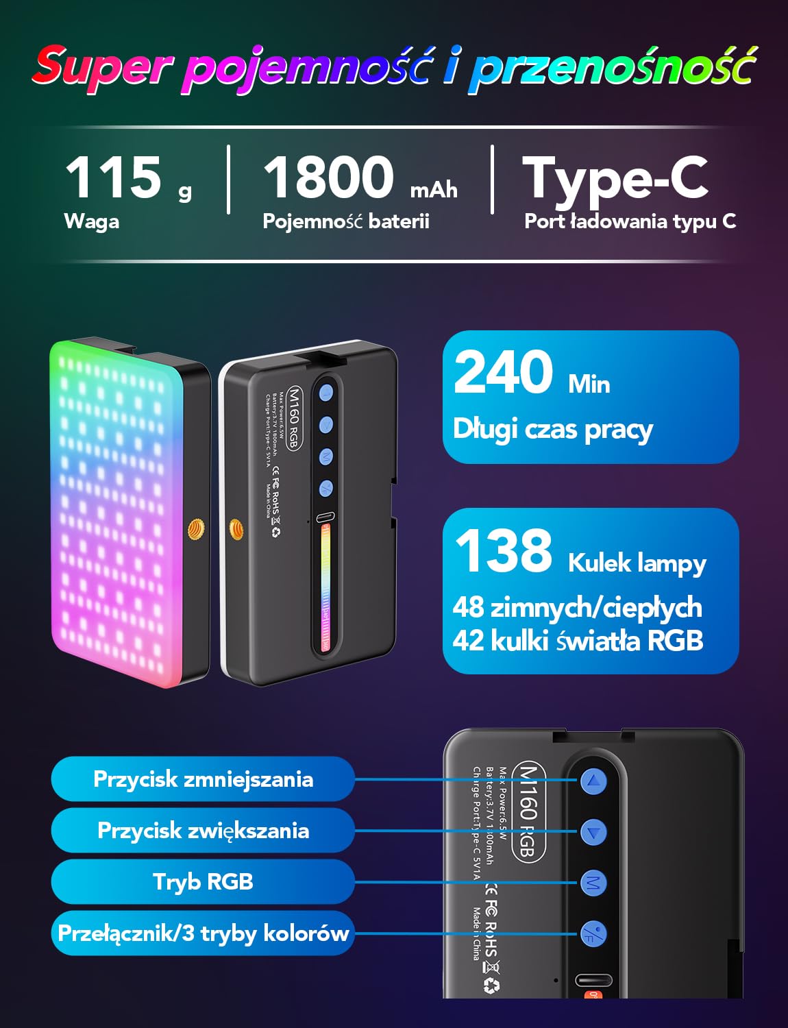 Lampki do Selfie RGB 138 Światło Kamery LED Przenośne 10 kolorów | Oświetlenie Fotograficzne Regulowana jasność 30 Trybami Scen Akumulatorowe Oświetlenie Wideo CRI 95 do Telefonu Aparatu