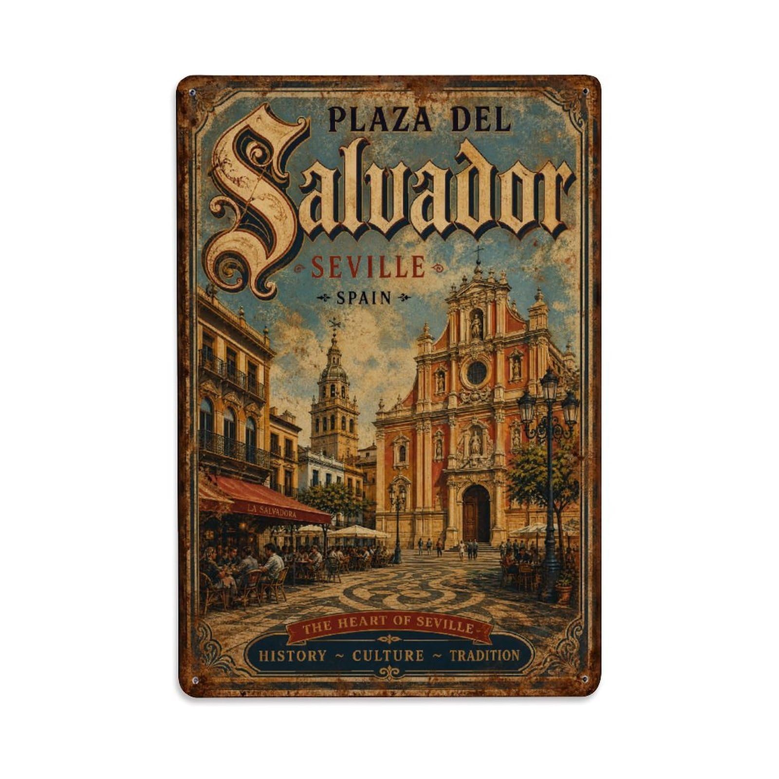 Huiyhb 8X12inch(20X30cm) Vintage Travel Plaza Salvador Seville Church Square Metal Tin Sign