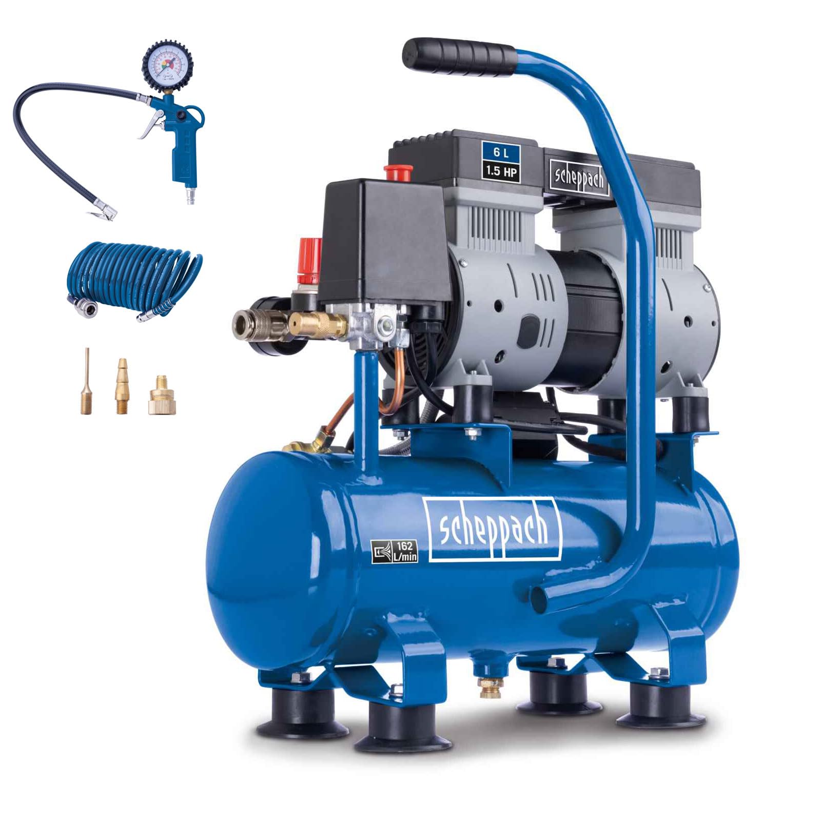 Scheppach HC08Si Ultra Silent Kompressor klein | 8bar | 6L | 1,5PS / 1100W | ölfrei & wartungsarm | Ansaugleistung 162 L/min | Leise Kompressor mit 67,4 db(A) | inkl. 5-tlg Zubehörset (5m Schlauch)