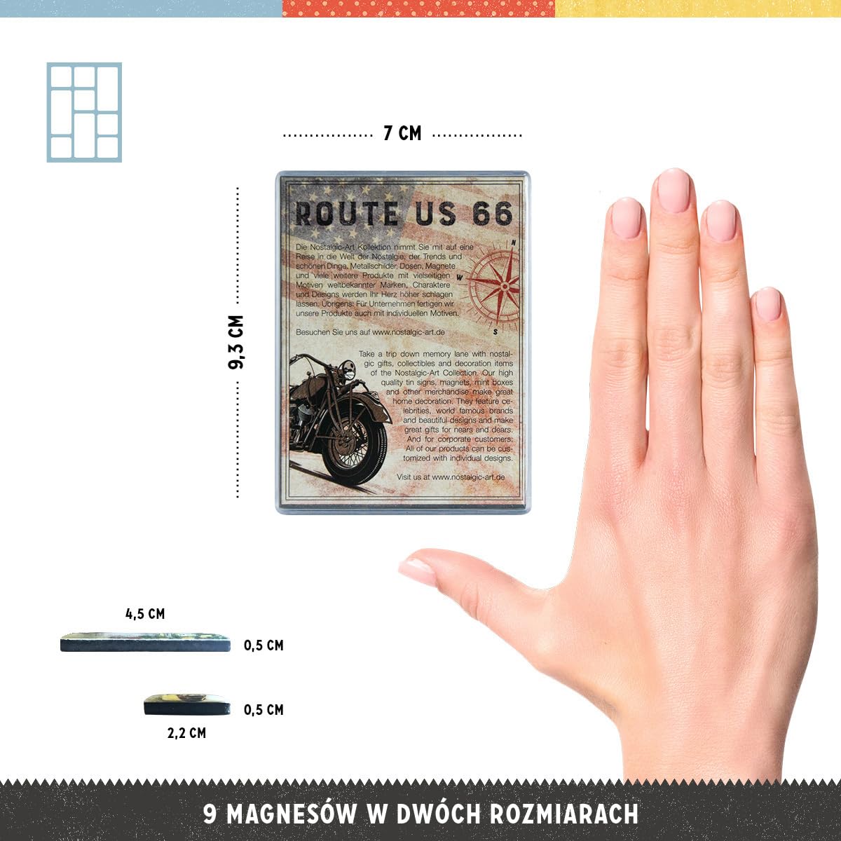 Nostalgic-Art Retro magnesy na lodówkę, 9 sztuk, Route 66 – Bike Map – Pomysł na prezent dla miłośników Ameryki, zestaw magnesów, Styl vintage