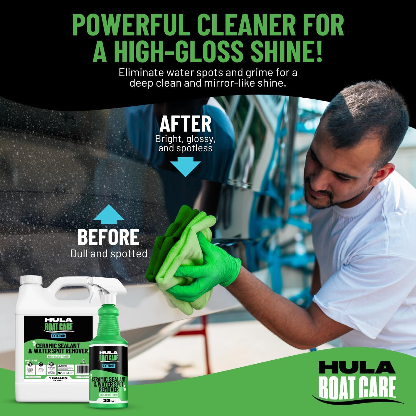 Hula Water Spot Remover Eco Bundle – 32oz Spray Bottle and 1 Gallon Refill | Exterior Boat Cleaner Spray with Ceramic Coating for Added Protection | High-Gloss Finish | Made in USA (32 oz)