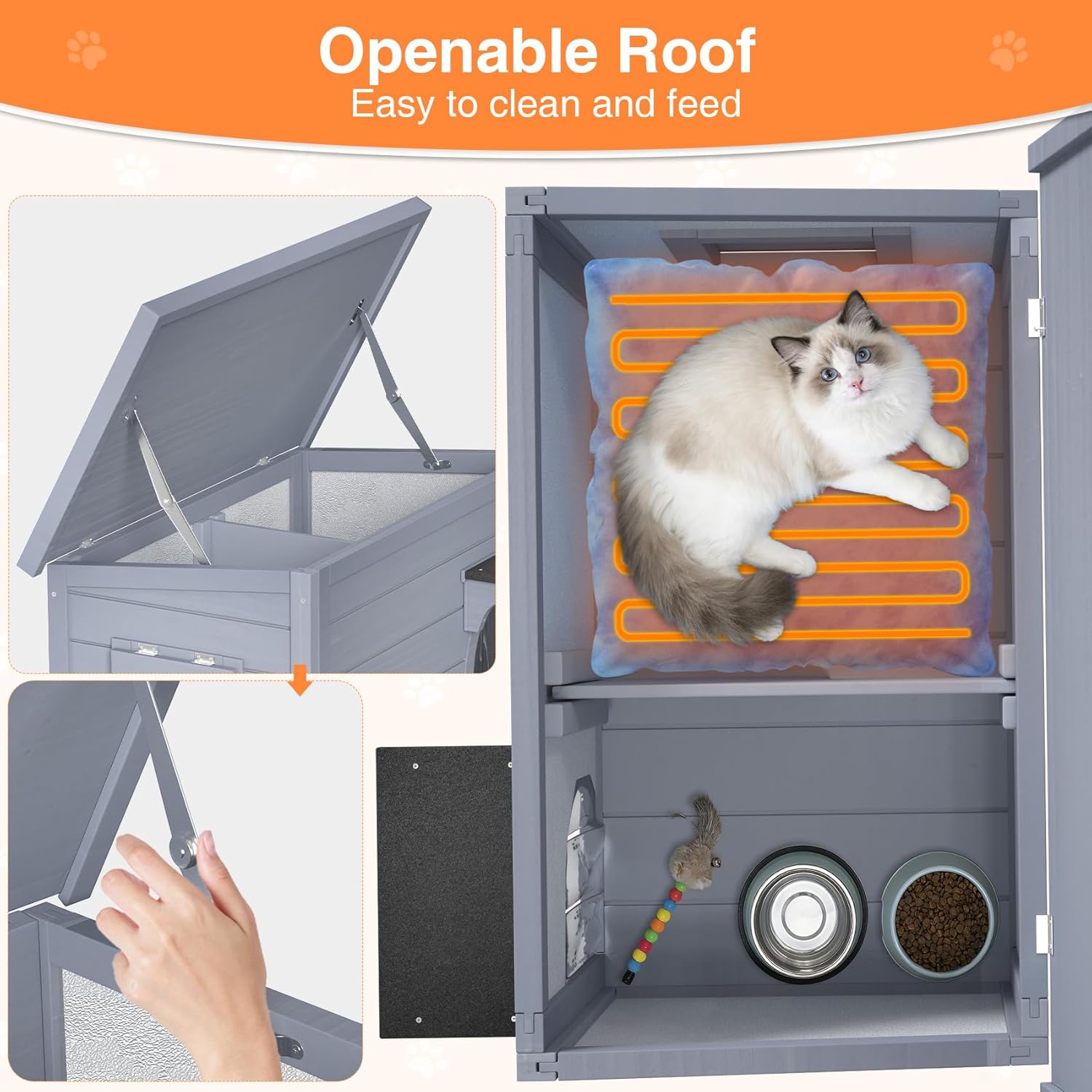 Heated Cat House for Outside - Winter Outdoor Cat House Weatherproof Wooden, Warm Cat Houses for Outdoor Cats, Insulated Cat House with Heating Pad, Stray Feral Cat Shelter with Escape Door