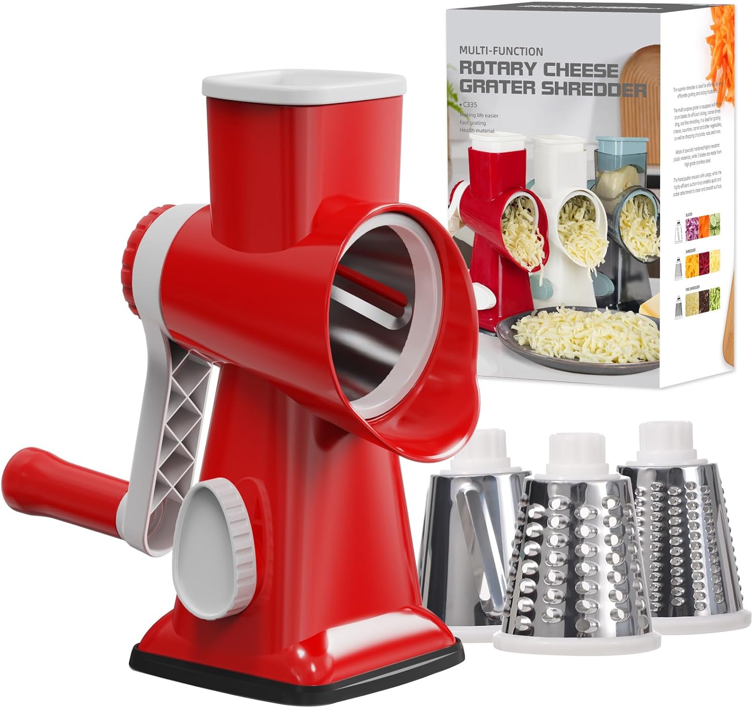 Cheese Grater Cheese Shredder with 3 Interchangeable Blades, Rotary Cheese Grater Manual Vegetable Slicer with Non-slip Suction Base Peanut Nuts Grinder Vegetable Shredder Red Cheese Grater Cheese Shredder with 3 Interchangeable Blades, Rotary Cheese Grater Manual Vegetable Slicer with Non-slip Suction Base Peanut Nuts Grinder Vegetable Shredder Red