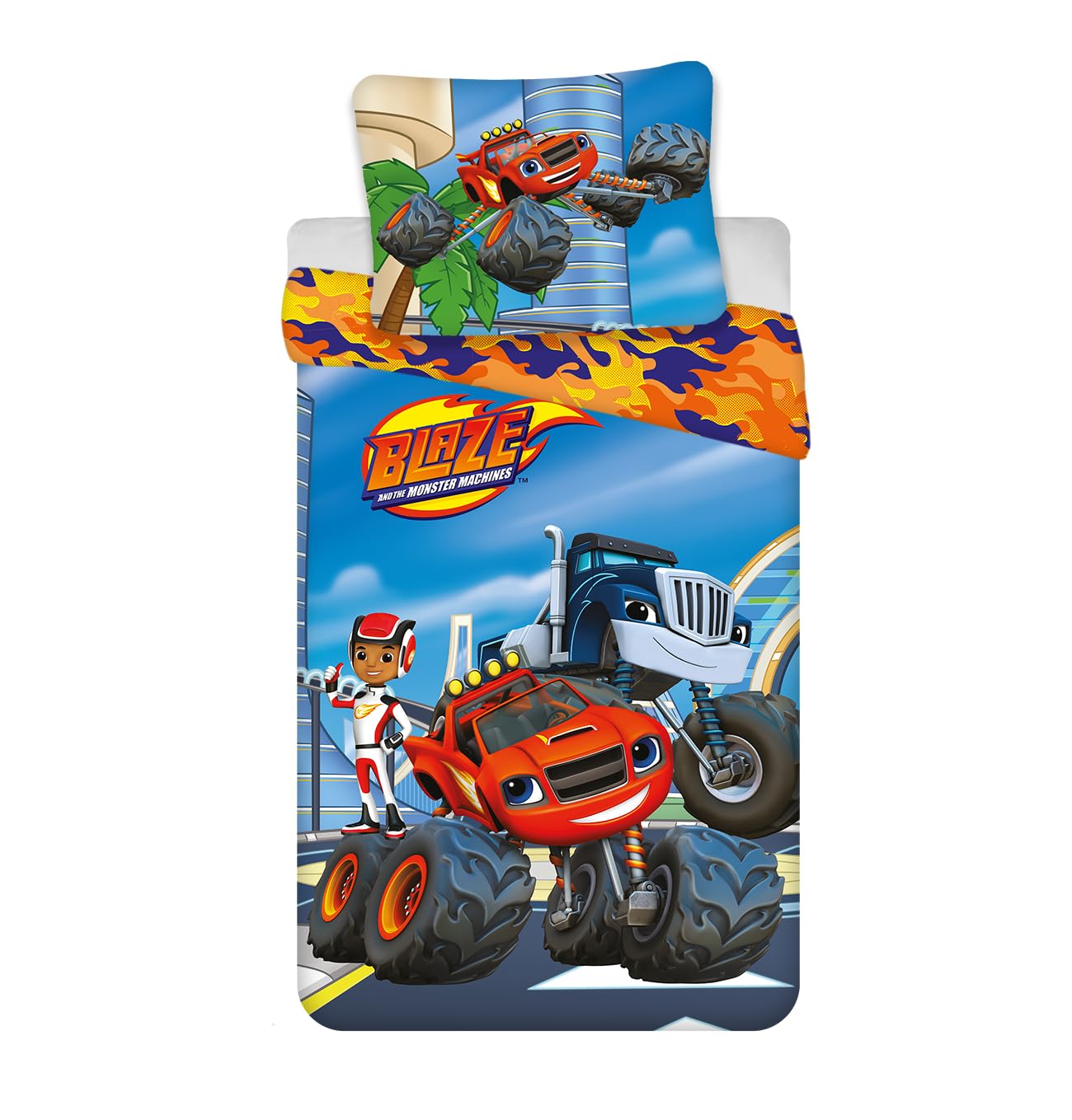 BrandMac - Set di biancheria da letto Blaze and the Monster Machines, 100 x 135 cm + federa 40 x 60 cm, 100% cotone, morbido e colorato per bambini, per bambini