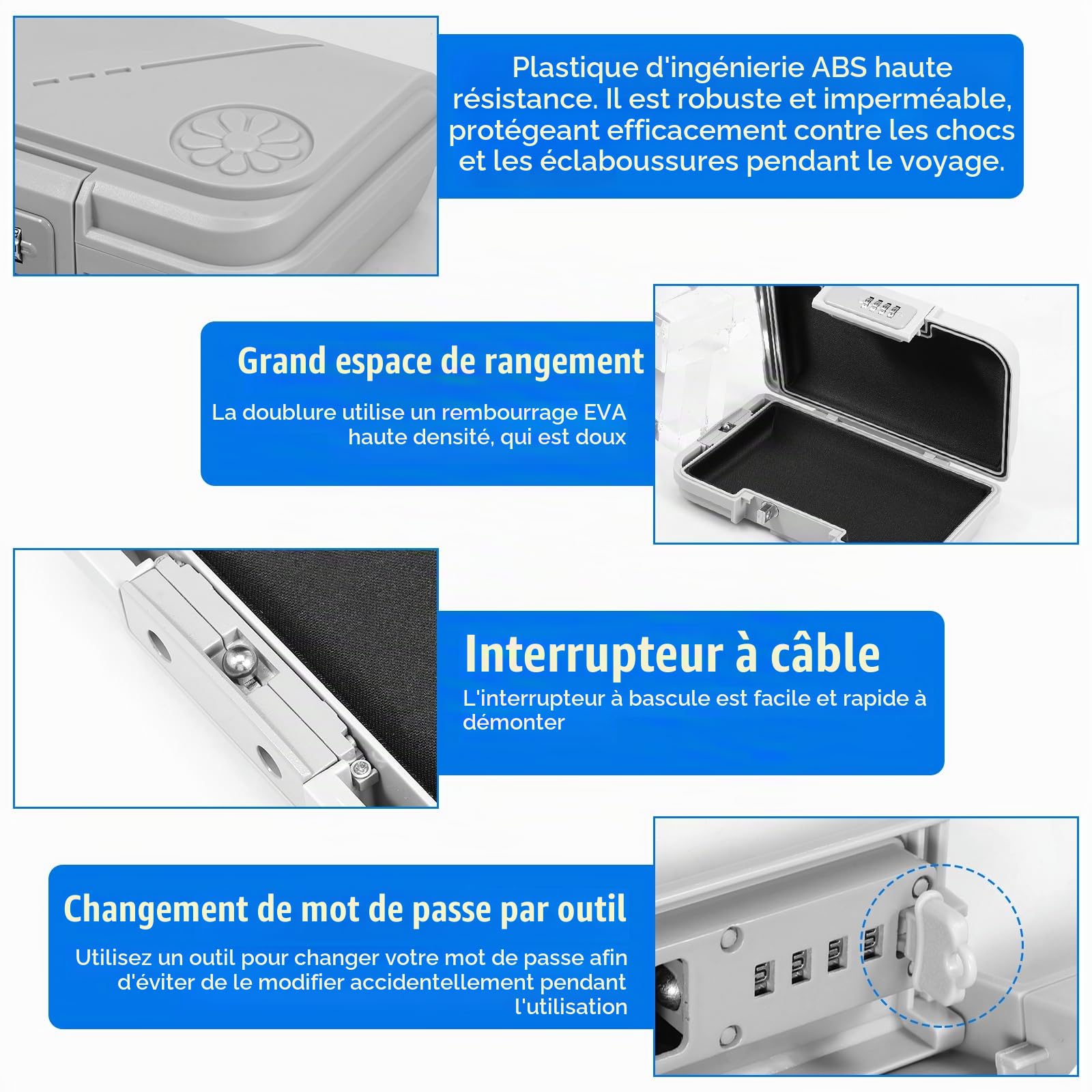 Mini coffre-fort portable étanche avec serrure à combinaison à 4 chiffres, boîtes de plage résistantes aux coupures et aux chocs avec câble métallique amovible de 7 mm d'épaisseur, boîte de sécurité