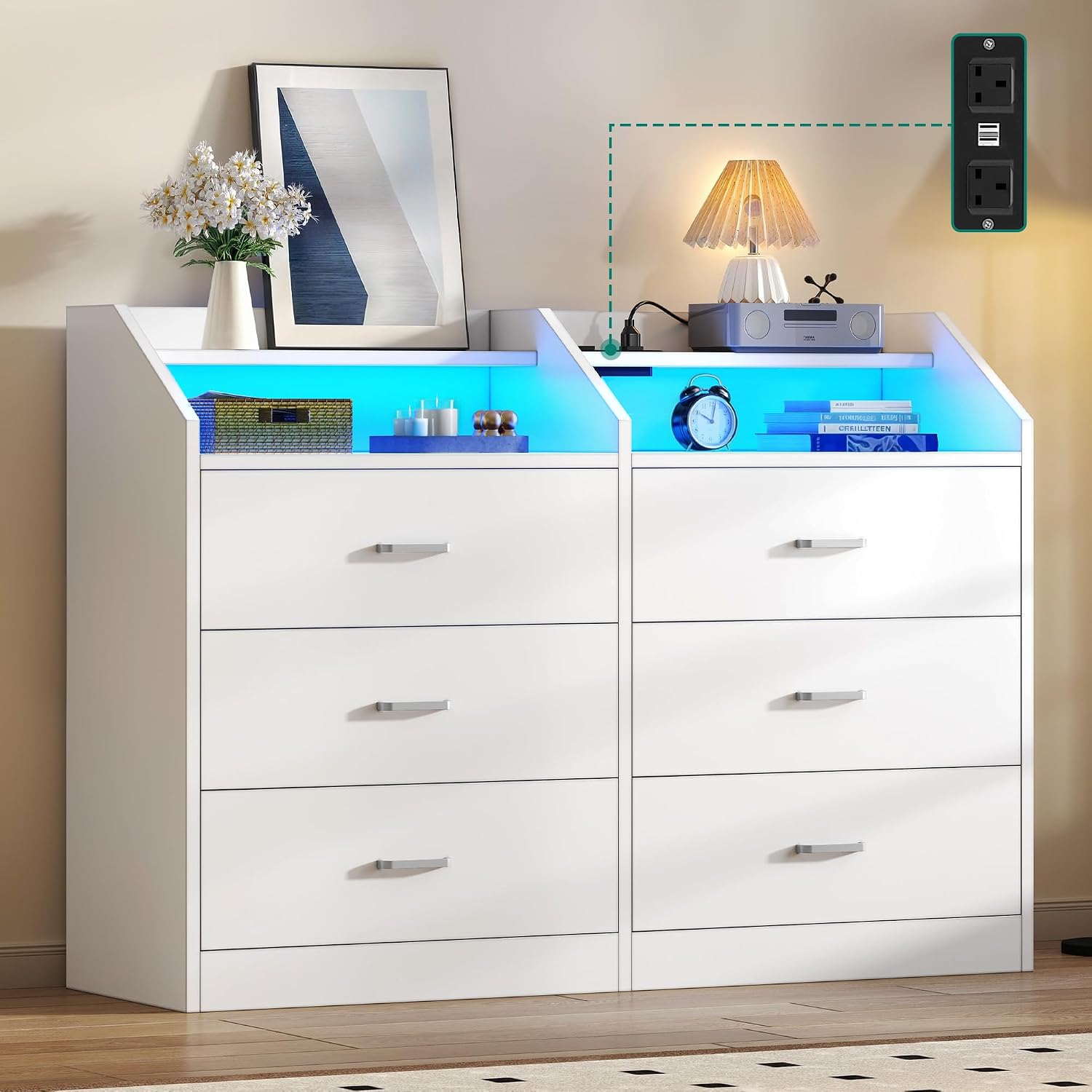 Led Between Drawers YITAHOME White Chest of Drawers, Modern 6 Drawer with LED, Chest of ...