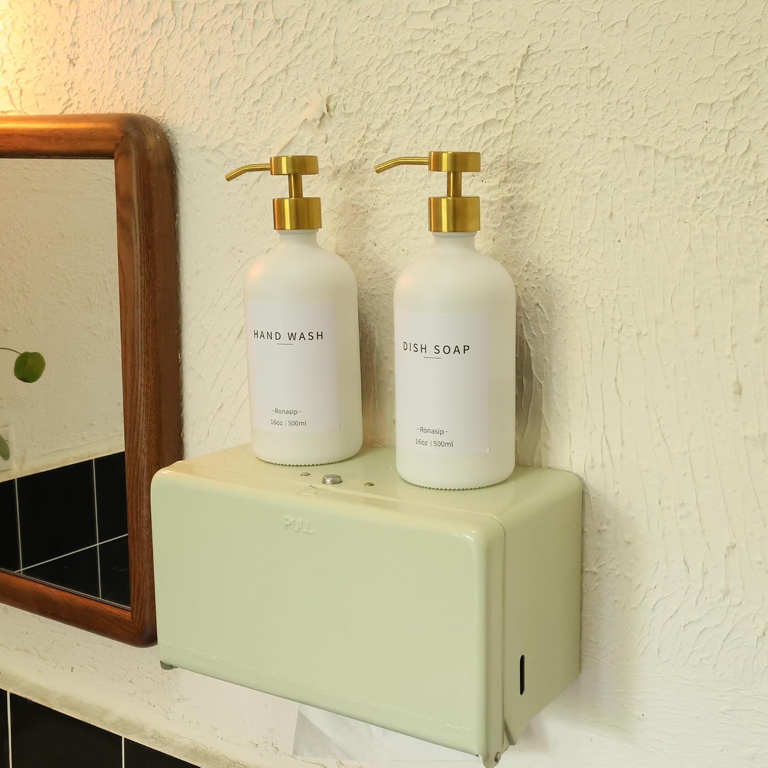 Ronasip Set of 5 Kitchen Soap Dispenser Set 16 Oz Glass Hand Dish Soap Dispenser with Stainless Steel Pump, Cement Tray, Dish Scrub Brush for Farmhouse Rustic Home Bathroom Decor (White)