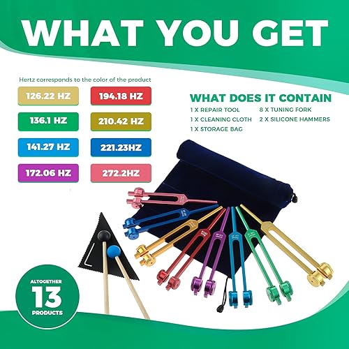 Miniatura 2 de Juego de diapasones Chakra de colores, 8 diapasones ponderados para curación con martillos de silicona y bolsa de almacenamiento (126.22 Hz, 136.1