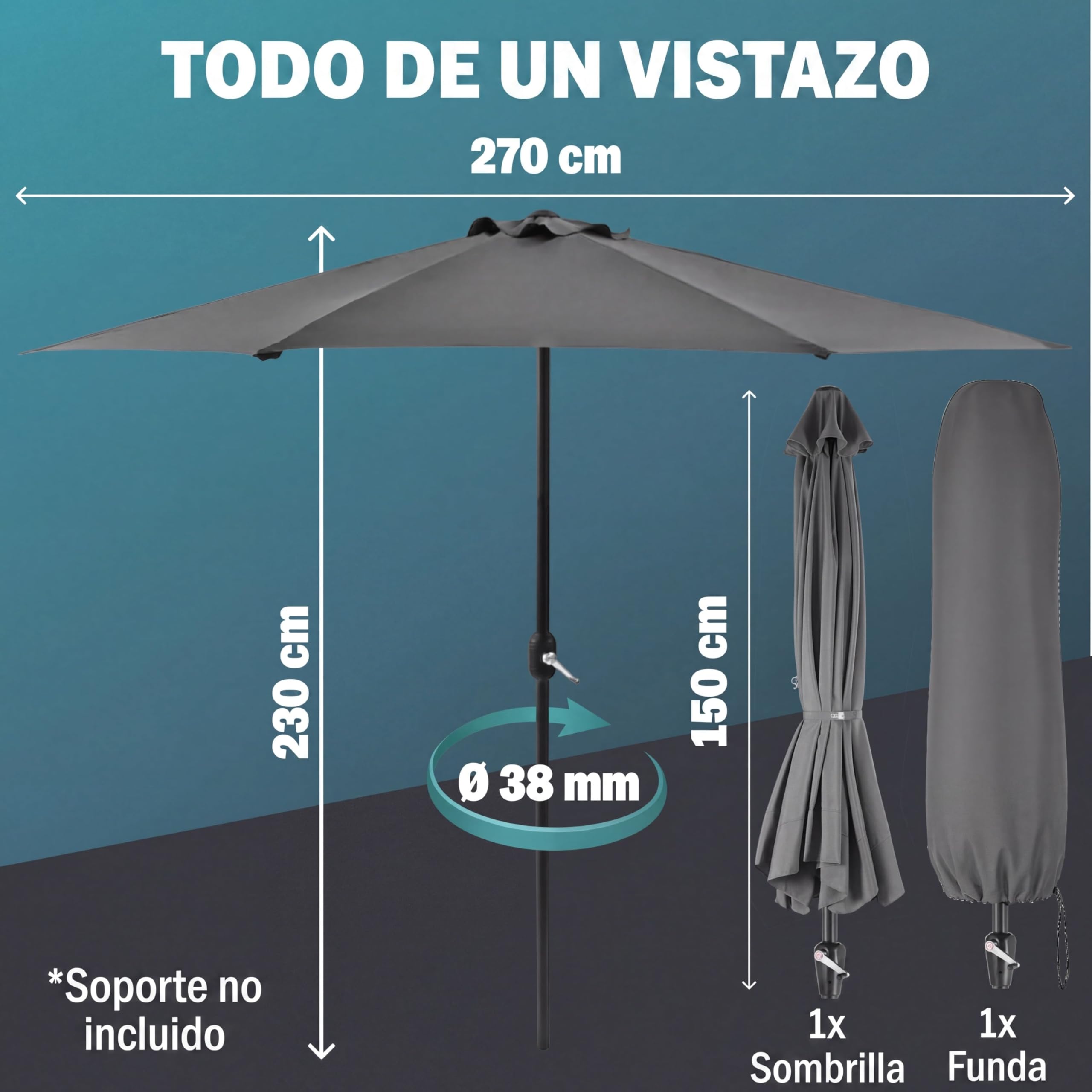 Kingsleeve Sombrilla Jardín 2,7m Semicircular UV80+ Manivela Antracita | Parasol, Estructura Acero, Resistente Intemperie, Apertura Suave, Funda Protectora, Repelente Agua, Terraza, Balcón, Verano