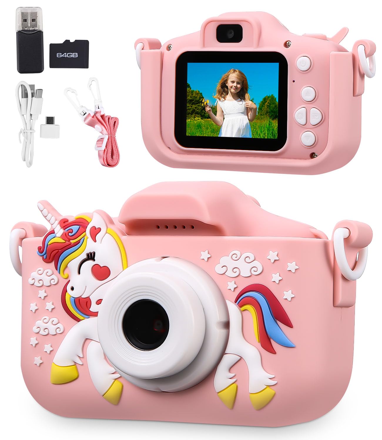 Appareil Photo pour Enfants, 2.0 Pouces Enfant Appareil Photo Numérique, Mini Caméra Rechargeable Caméscope Cadeau Jouet Filles Garçons de 3 à 10 Ans, vidéo HD 1080p,64G SD Carte,Caméras Jeu Enfant