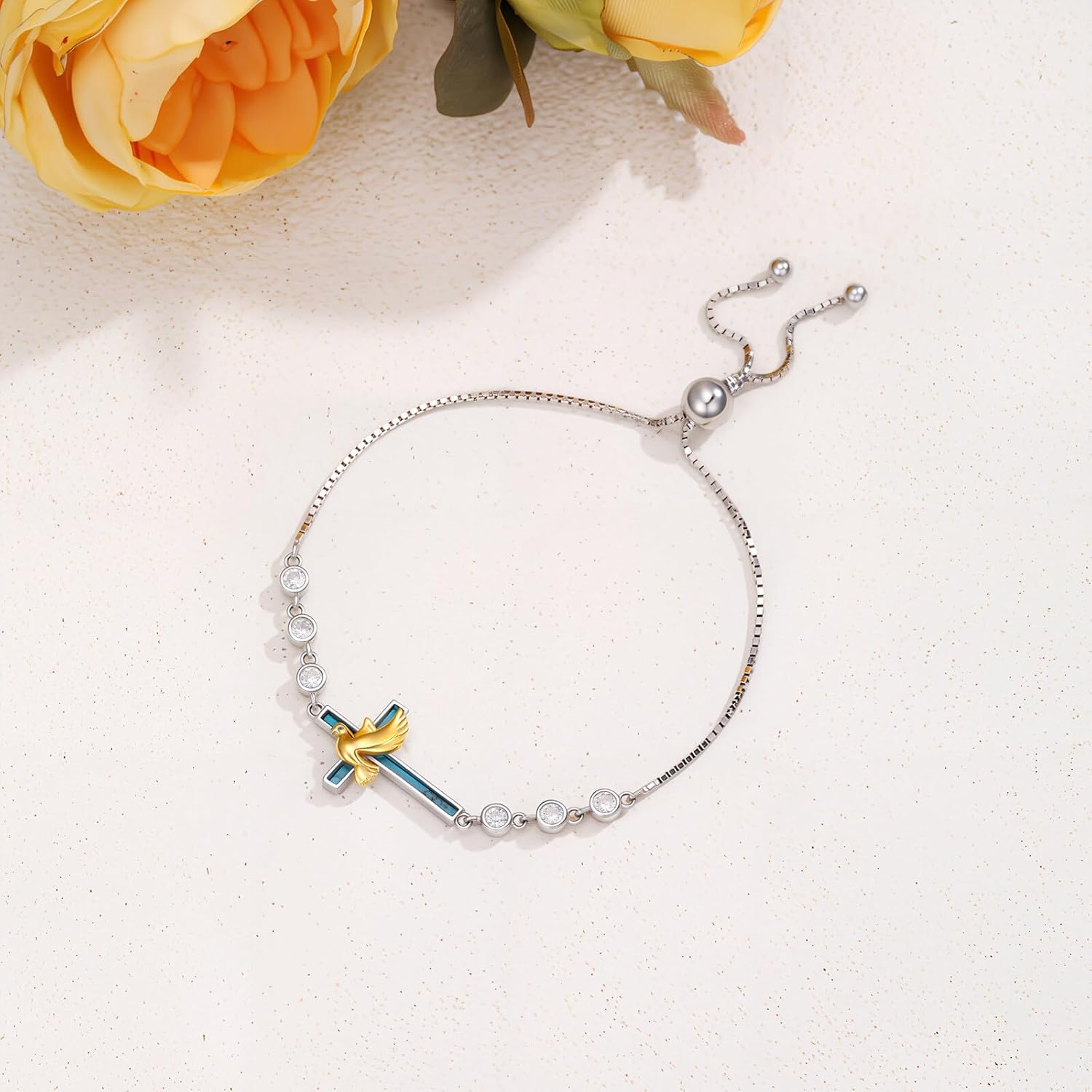 PEIMKO 925 Sterling Silver Cross Turquoise Exquisite Bracelet Boho Style Bracelet Jewelry Gifts for Women Mother
