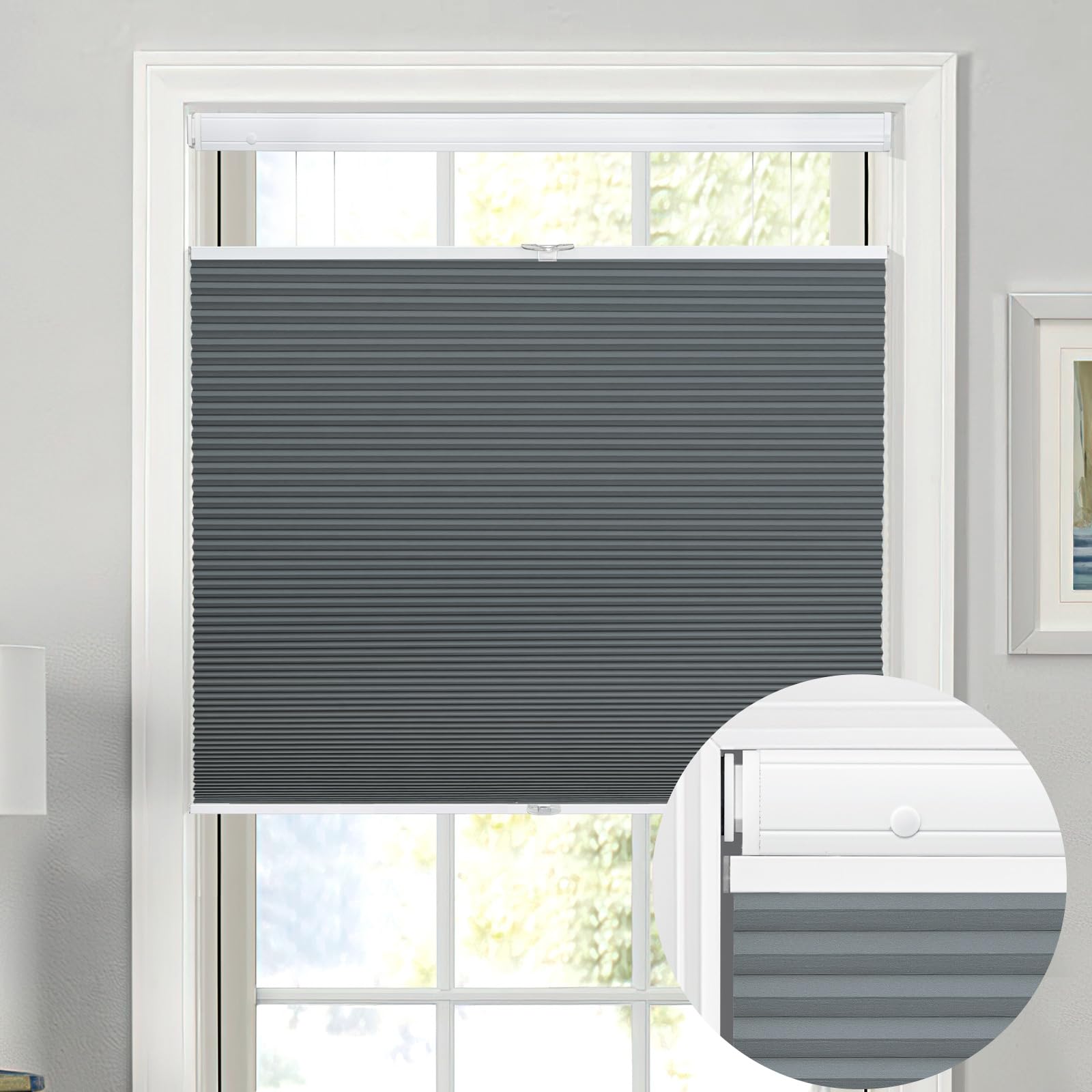Moonice Top Down Bottom Up Honeycomb Blinds No Drill No Tools Cordless Cellular Pleated Shades 100% Blackout Thermal Window Shades Custom for Home Bedroom Office (Haze Gray, 105cm W x 150cm H)