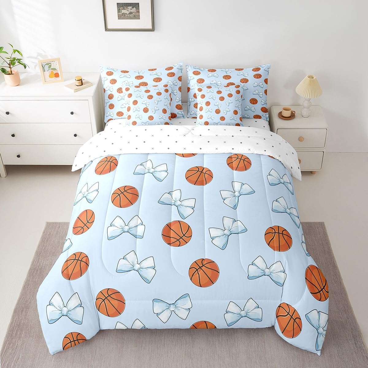 jejeloiu Basketball Bed in a Bag Blue Bow Comforter Set with Sheets for Kids Boys Girls Teens Gaming Sports 7 Piece Bedding Set Cute Bowknot Room Decor Queen Size Gift for Basketball Lover Soft
