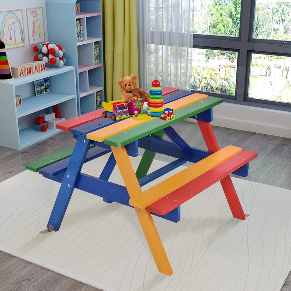 Kids Picnic Table Set w/Removable & Foldable Umbrella, Outside Table Set with Benches, Wooden Table and Bench Set for Toddler Boys Girls (Colorful)