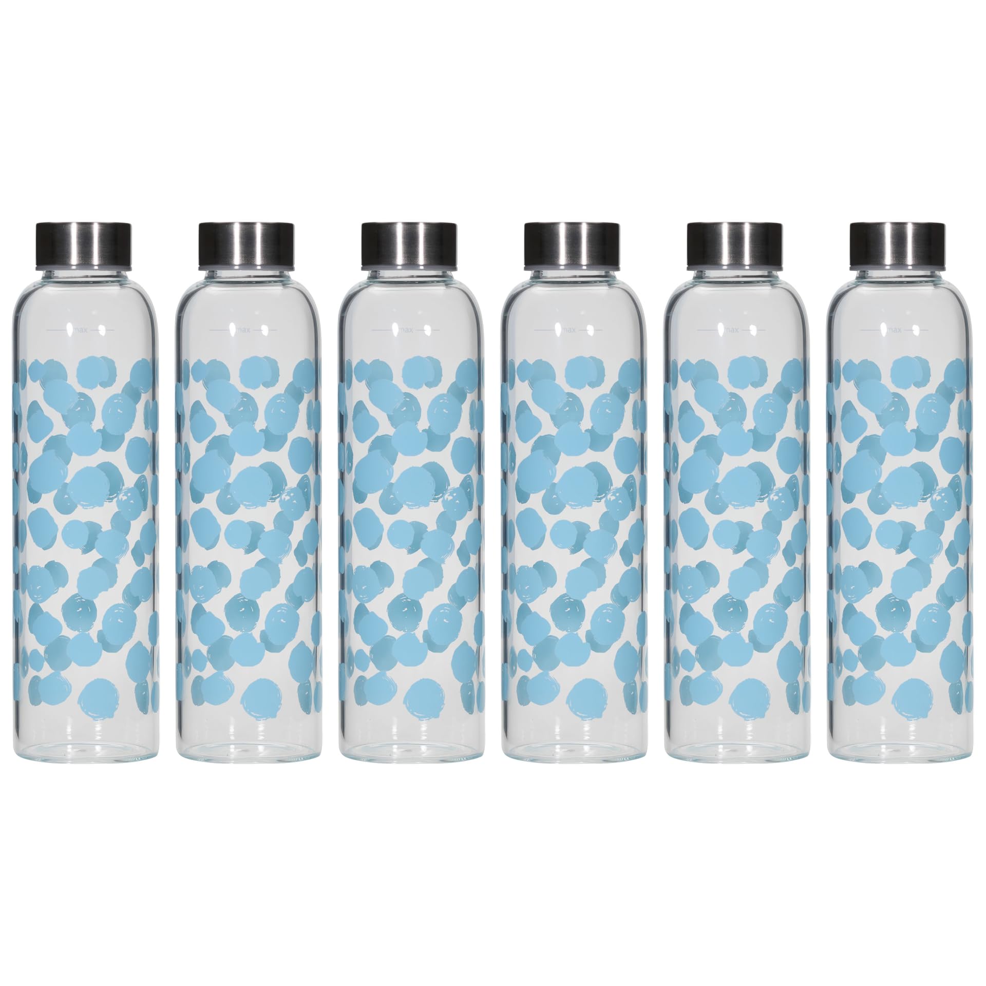 Perseus - Set di 6 borracce da 500 ml, in vetro trasparente, con chiusura in metallo, motivo a pois blu