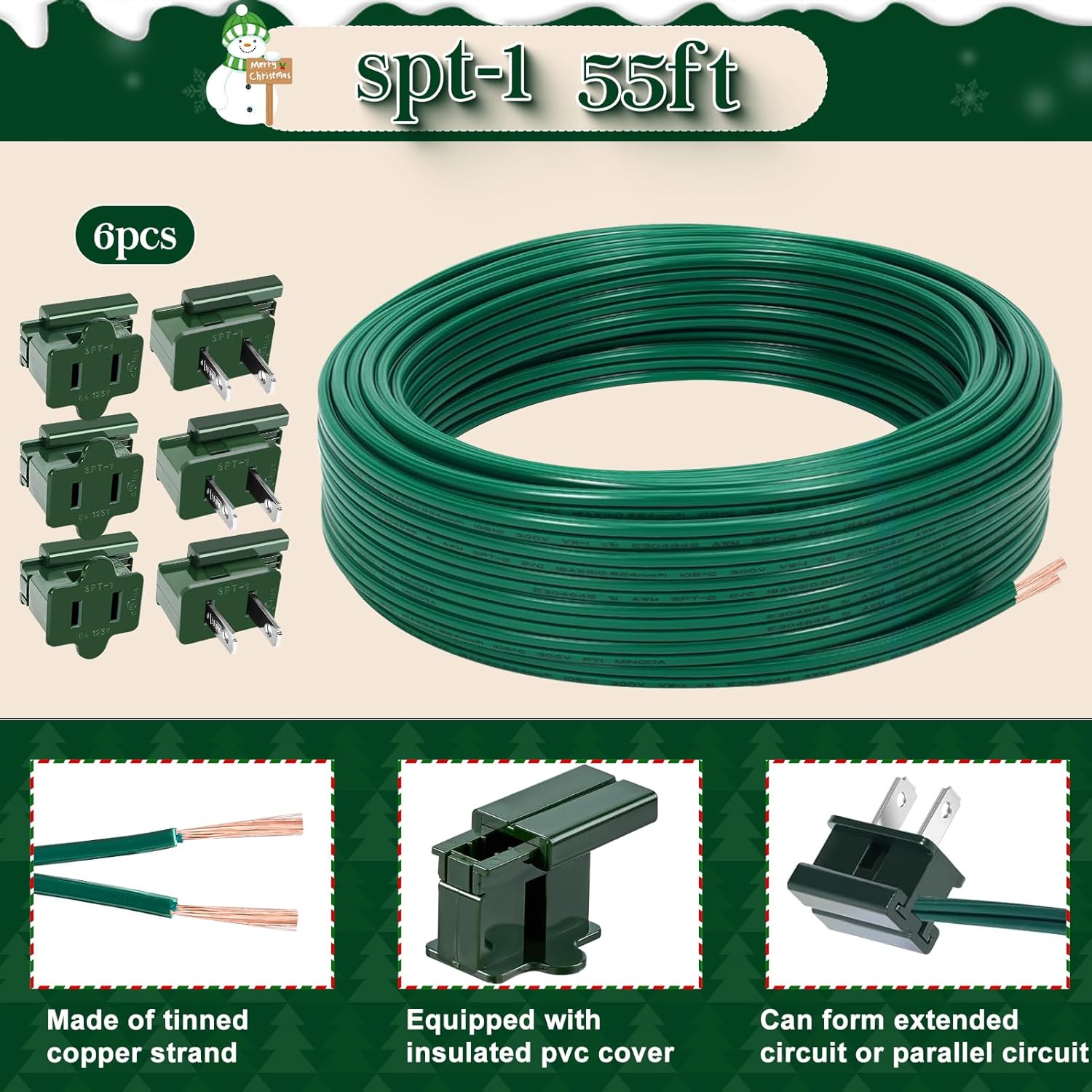 55FT SPT-1 18/2 Christmas Electrical Wire with 6PCS Vampire Plugs,18 Gauge 2 Conductor Electrical Wire,Low Voltage Landscape Lighting Wires,18 AWG Extension Cable for Christmas Holiday Outdoor Light