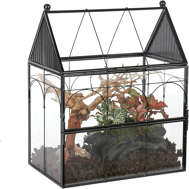 House Shape Glass Terrarium for Plants - 19x12.5x23cm Black Enclosure