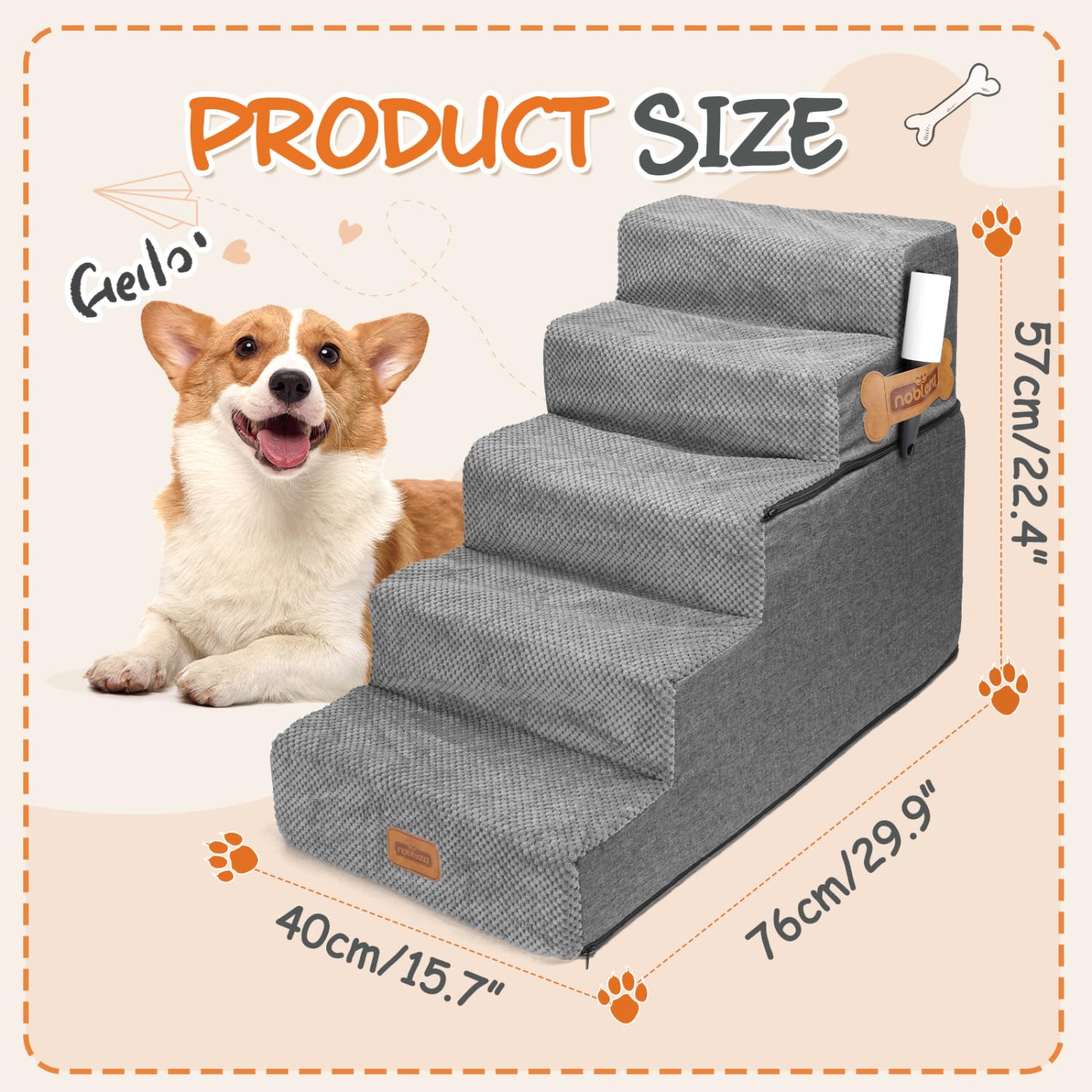 Nobleza Hundetreppe für Kleine Hunde, Hunderampe und Haustiertreppe mit Fusselrolle, 5 Stufen Katzentreppe und Hundetreppe für Bett Sofa