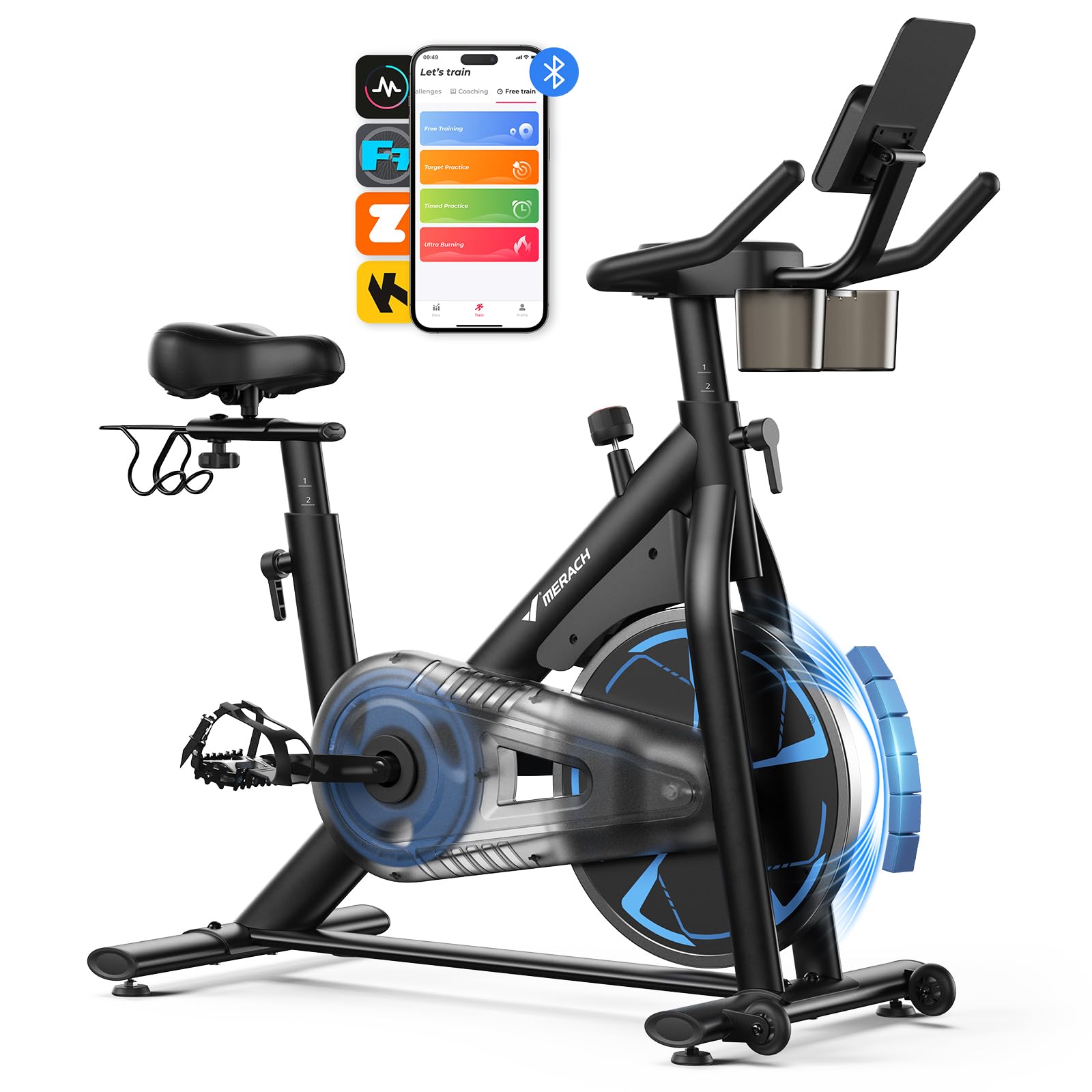 MERACH Heimtrainer Fahrrad mit Magnetischem Widerstand, Leises Hometrainer mit 8 KG Magnet-Schwungrad(+33 % Trägheit), Verstärkter H-Rahmen, Stoßdämpfender Luftkissensattel, Eigene App, Bis 150KG