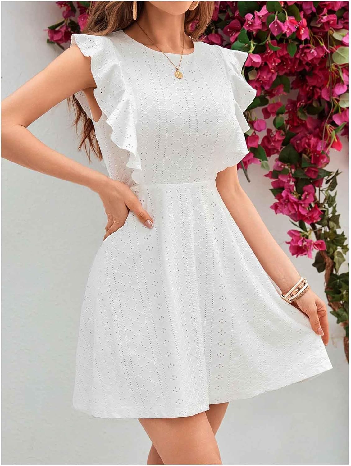 Floerns Women's Eyelet Embroidery A Line Dress Crew Neck Ruffle Trim Short Dresses - Image 2