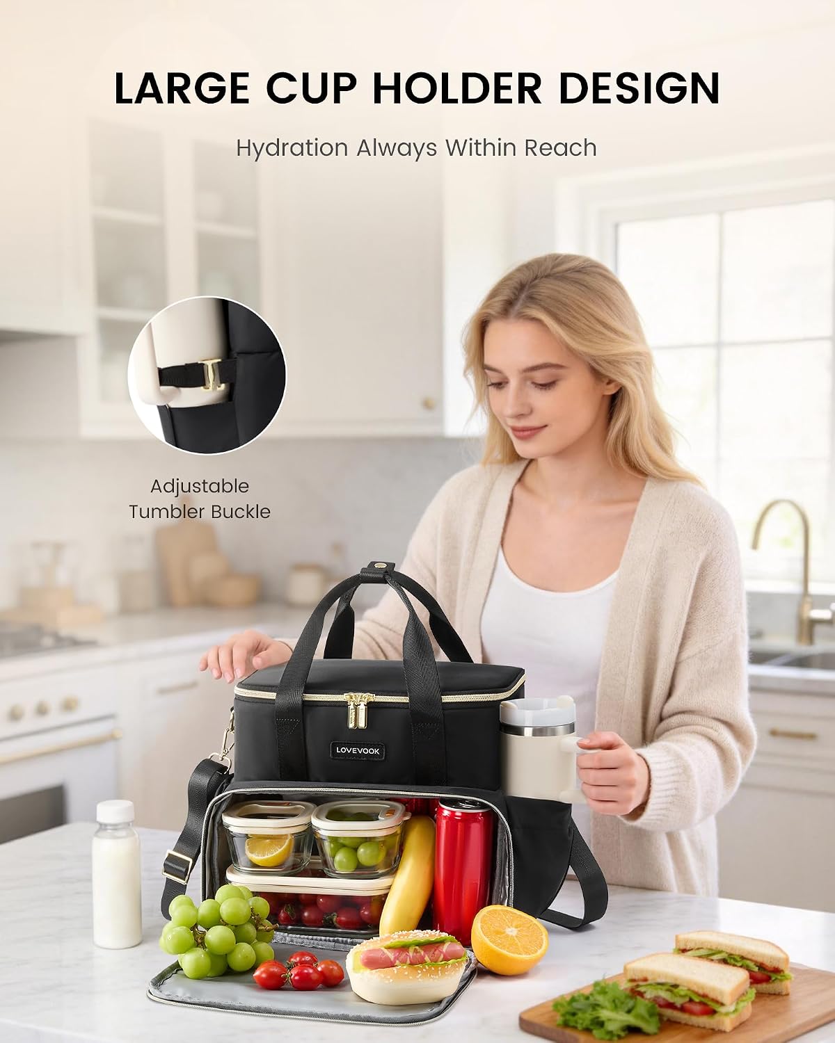 LOVEVOOK Insulated Lunch Bag for Women Men, Large Double Deck Lunch Box image 2