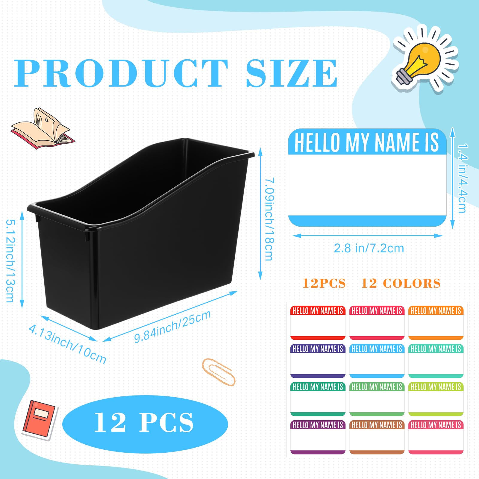 Fuutreo 12 contenitori per libri con etichette, impilabili, in plastica, per scuola, ufficio, biblioteca, organizzazione, contenitori, forniture