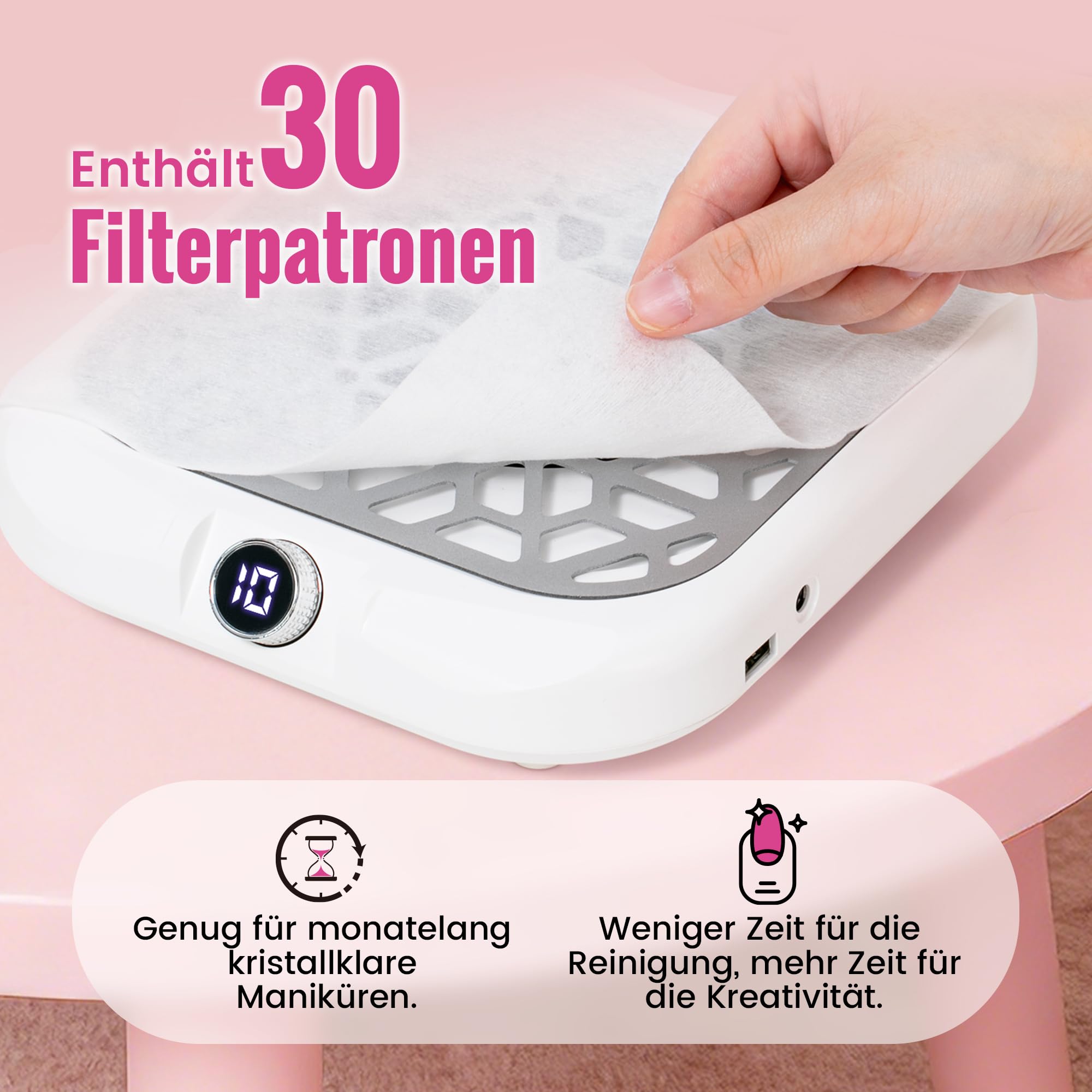 Nagelstaubsauger – Staubabsaugung für Nägel mit LED-Display, 10 Saugstufen, inkl. 30 Filterpapiere – Leiser Turbomotor, kompakte Nagel Staubabsaugung für Anfänger und Profis