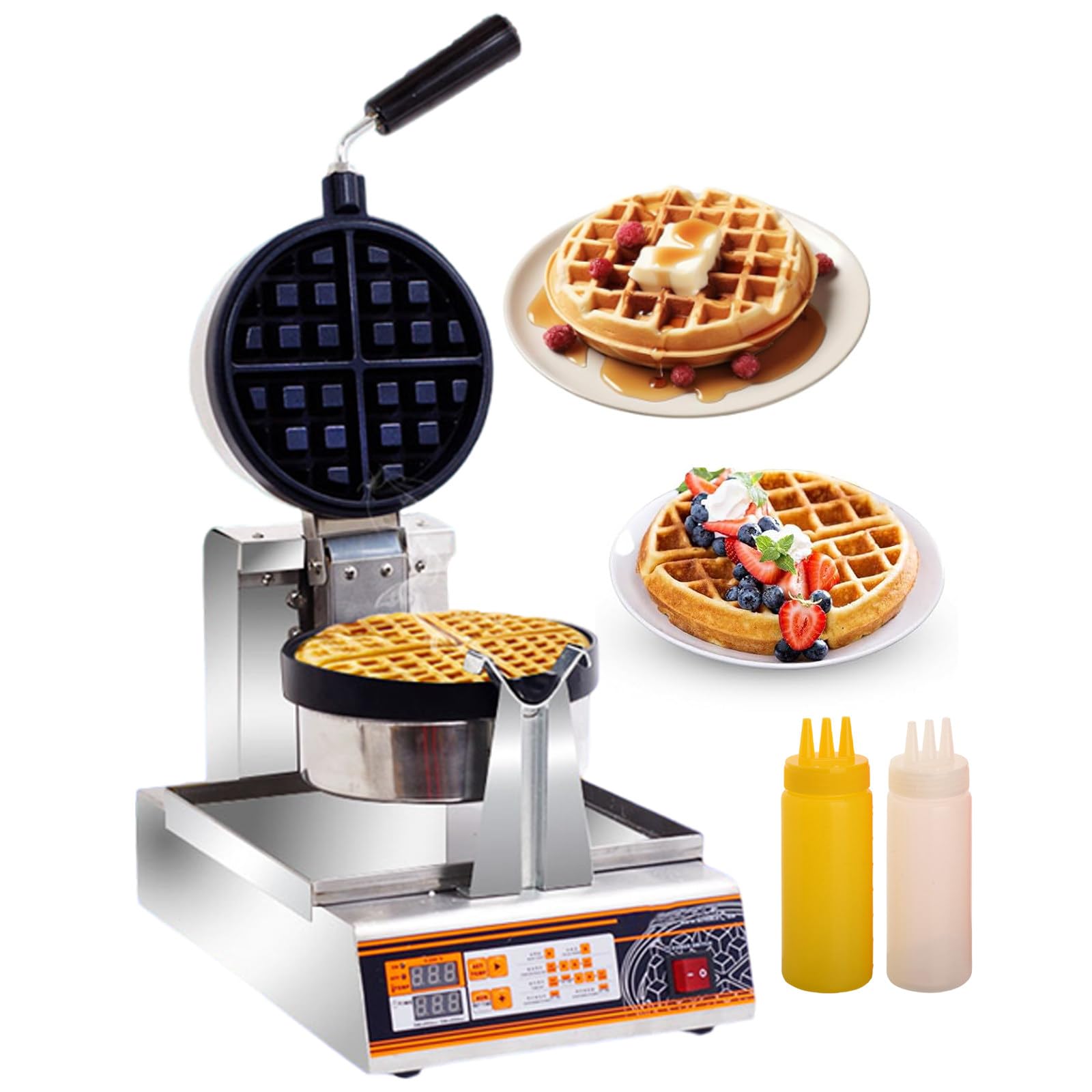 Waflera Eléctrica Rotatoria De 1200 W con Calentamiento Rápido Y Función De Horneado Comercial con Botella Flexible - Control Digital De Temperatura Y Temporizador - para Campus, Postres