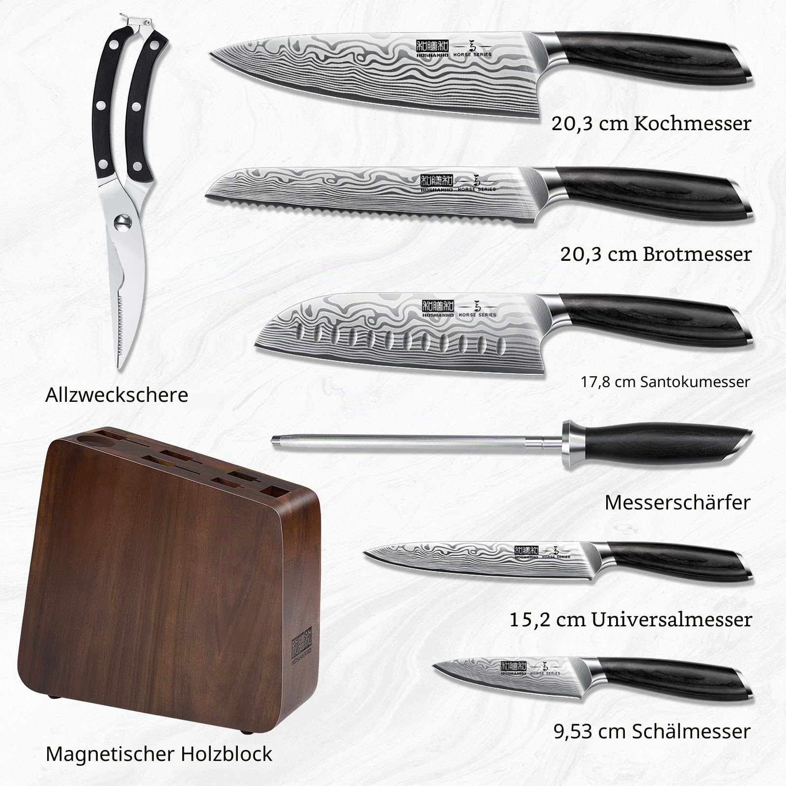 HOSHANHO 8-teiliges Messerset mit Magnetblock, Messerblockset Kochmesserset | Ultrascharfer Professionelles Küchenmesserset aus Pulverstahl mit Ergonomischem Griff und Messerschärfer