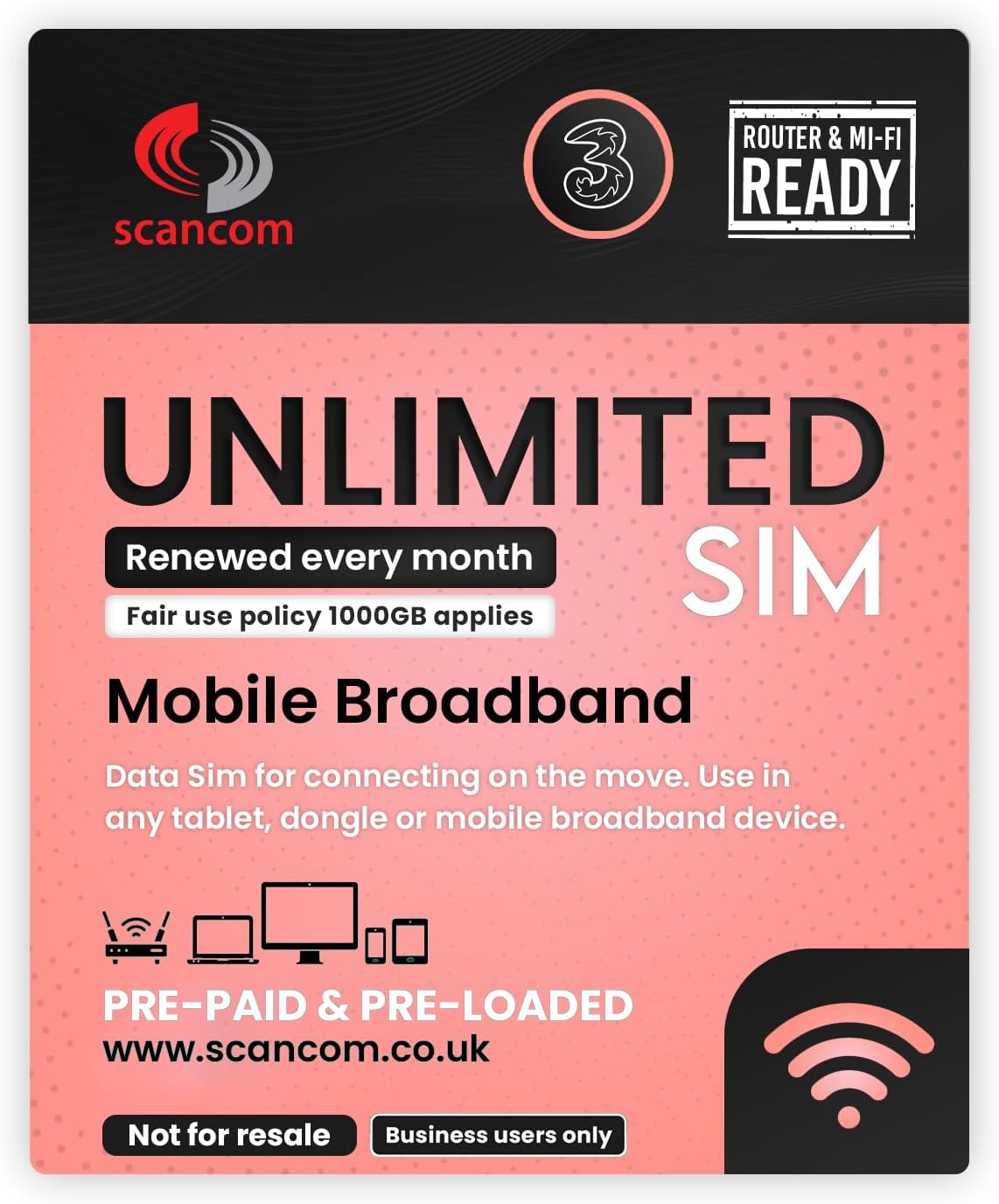 Three Unlimited 5G Data SIM – Preloaded Every Month from now until 8th December 2025 – Business Grade Data – Perfect For Wifi Routers, Tablets & Phones