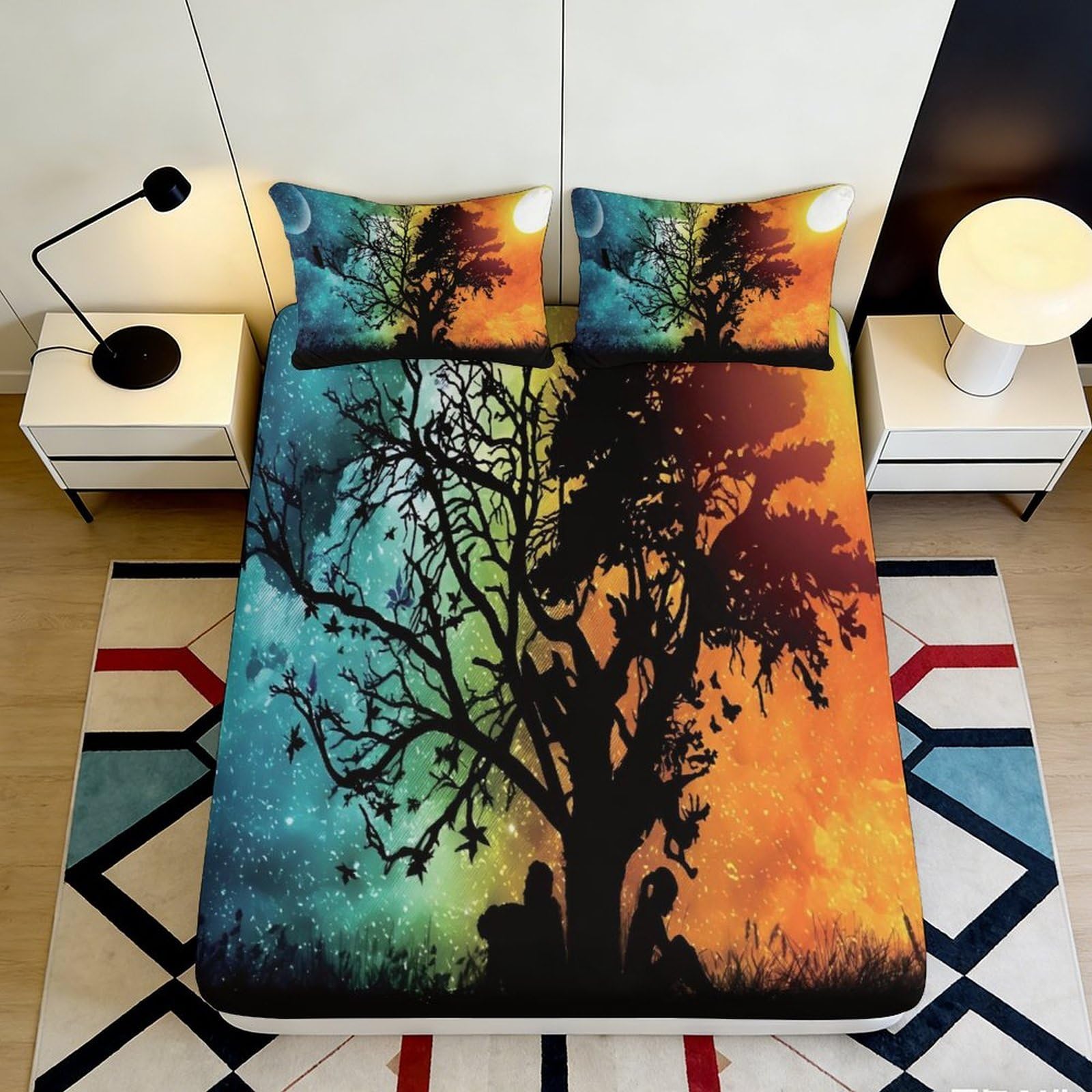 3D Printed Sunset Tree Fitted Sheet Microfiber Soft Breathable Forest Silhouette Bed Cover for Bedroom Dorm Decor 90x200x25cm
