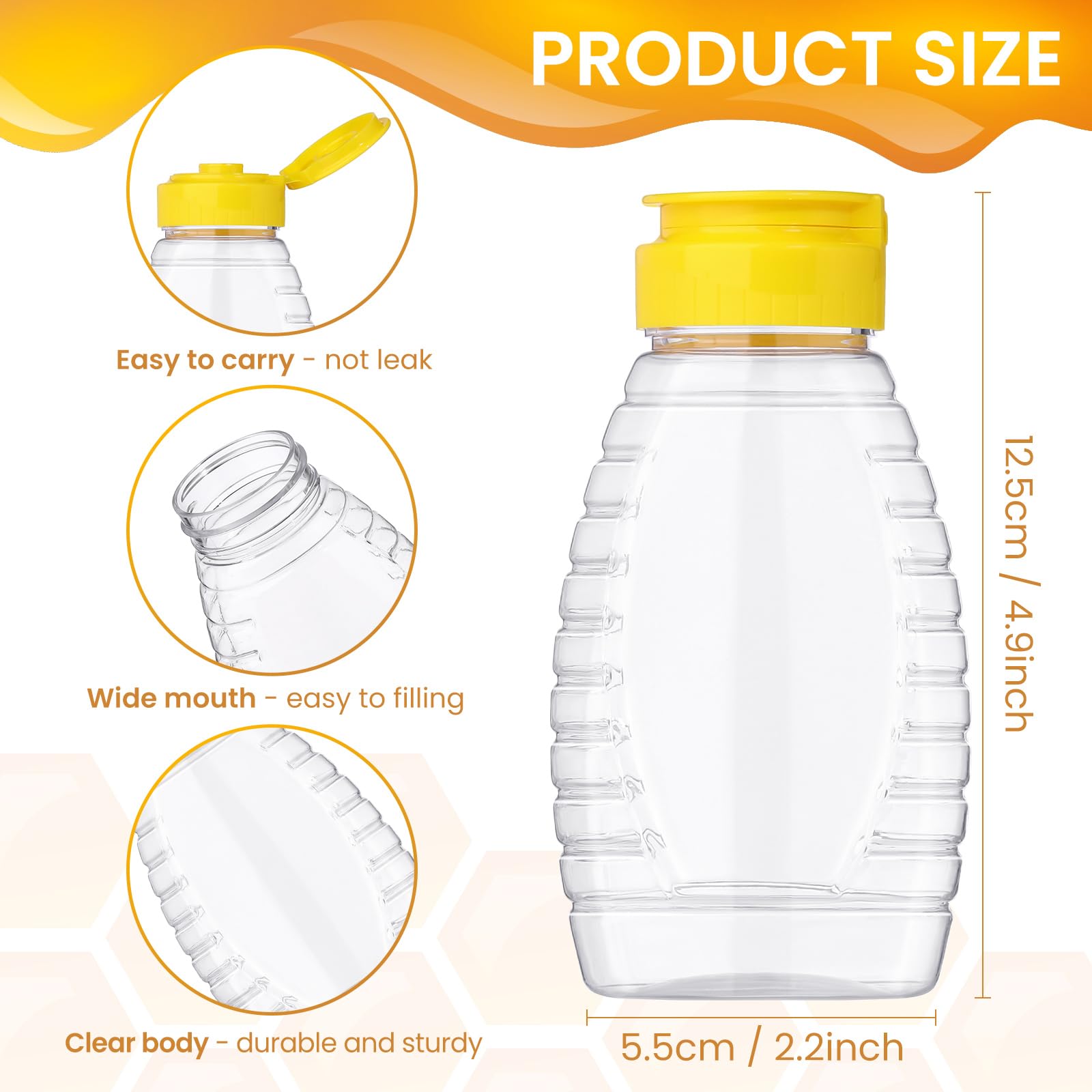 RONRONS 12 PCS Clear Plastic Honey Bottles, 6.4oz Squeeze Honey Containers, Refillable Honey Jar Dispenser, Empty Condiment Squeeze Bottles for Ketchup, Maple Syrup, Sauces