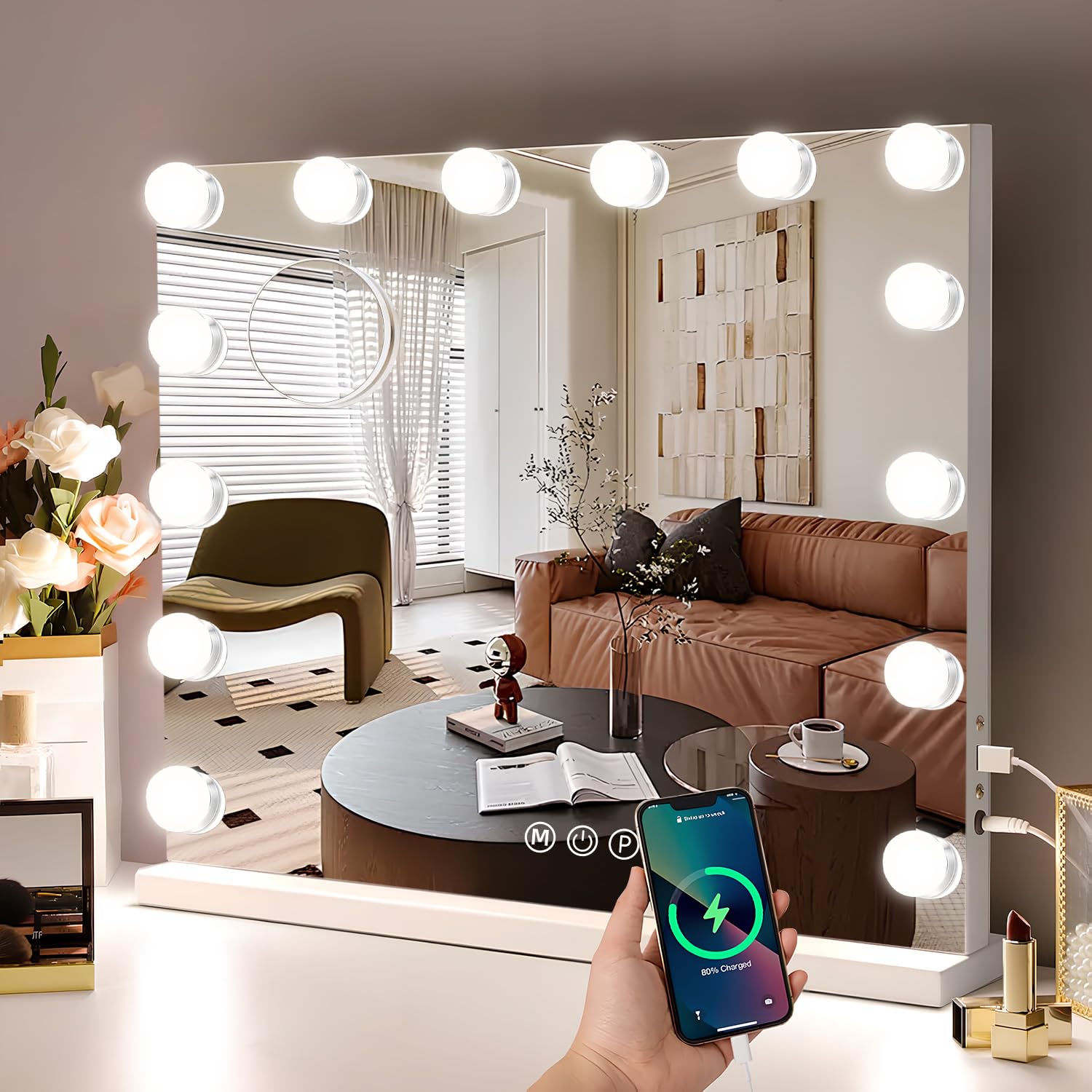 Genérico Hollywood Espejo Maquillaje con Luz 50x40cm, Espejo Pared con USB Puerto de Carga, 14 Bombillas LED y 3 Modos de Iluminación Ajustables, Aumento 10X Espejo Grande