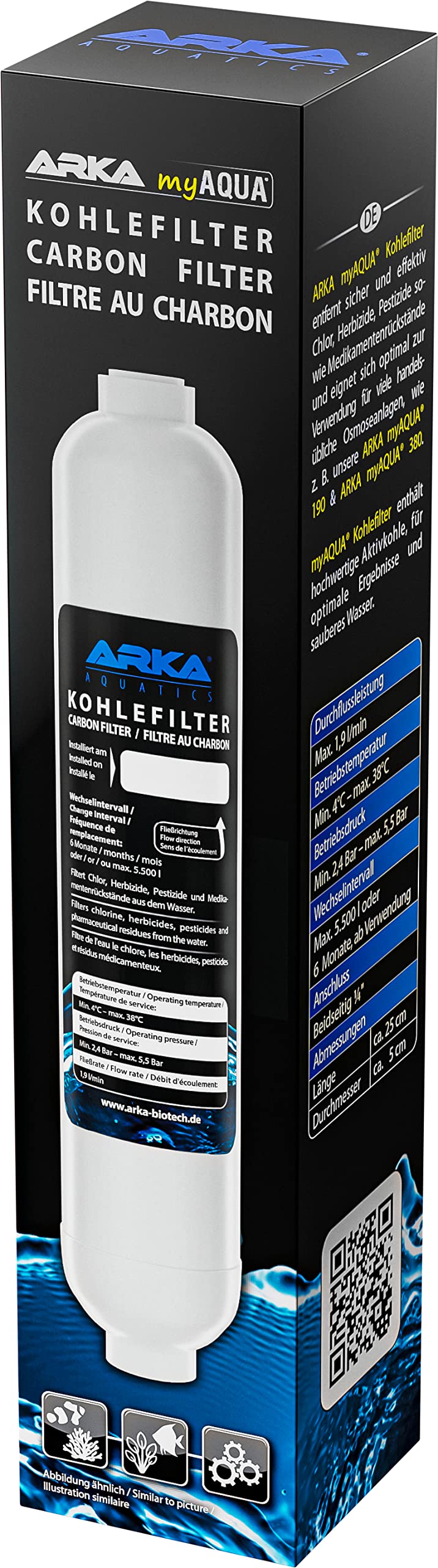 ARKA myAqua190/380 Carbon Filter - Efficient Water Purification, Removes Chlorine, Herbicides, Pesticides and Drug Residue, Provides Clear and Clean Aquarium Water