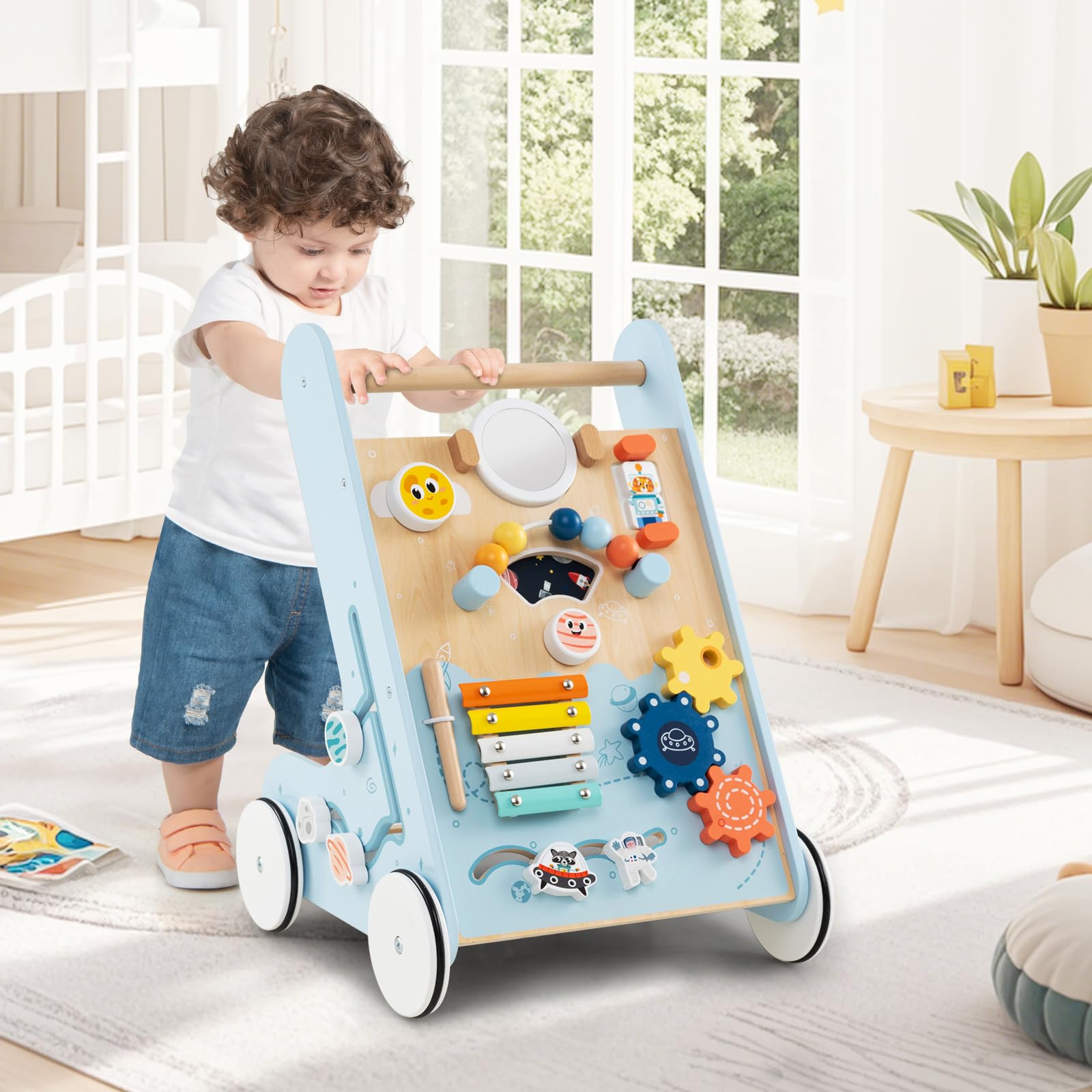 LIFEZEAL Chariot de Marche Bébé en Bois, Trotteur Evolutif 8 en 1 Multifonctionnel, Centre d'activité avec Xylophone en métal, Jouet éducatif, Marcheur pour Bebe 1+ an (bleu)